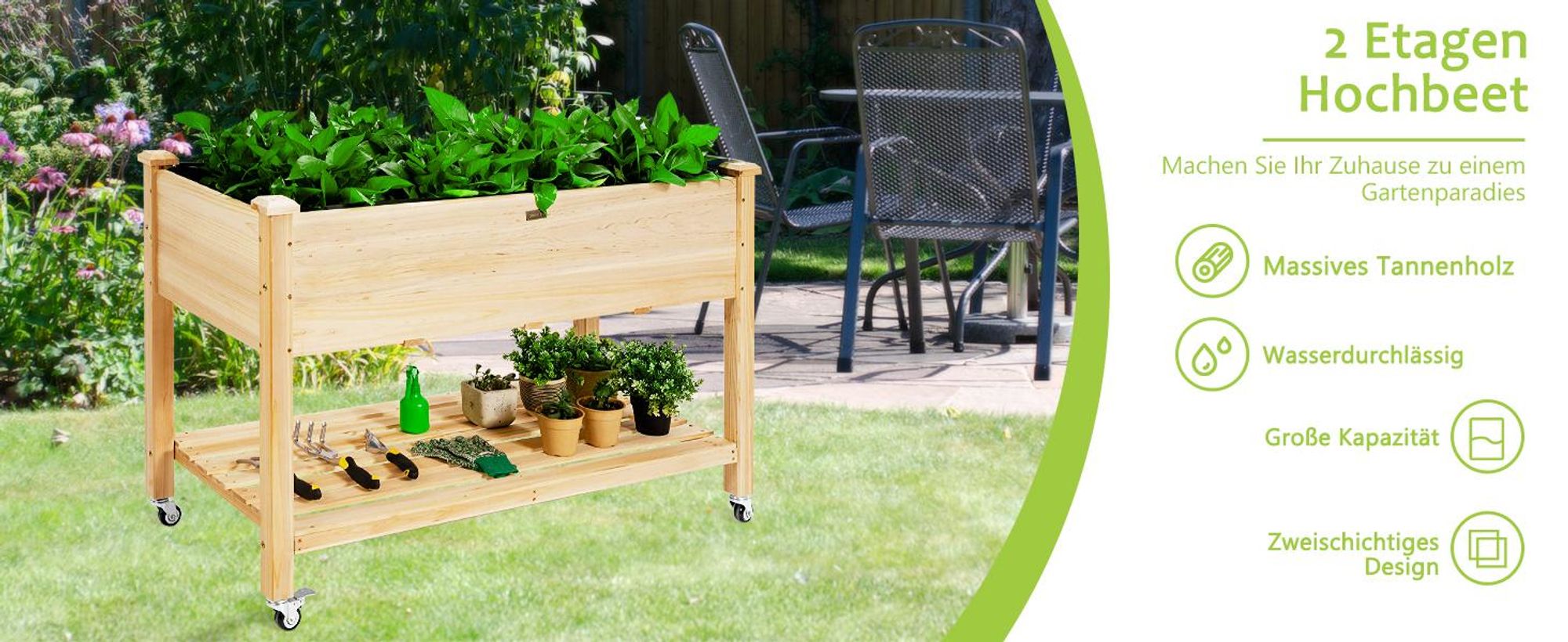 GOPLUS Hochbeet mit Rollen aus Holz, Gartenbeet mit Ablage & Abflusslöchern, Pflanzbeet Tragkraft 150 kg für Garten & Natur, 120 x 59 x 84 cm