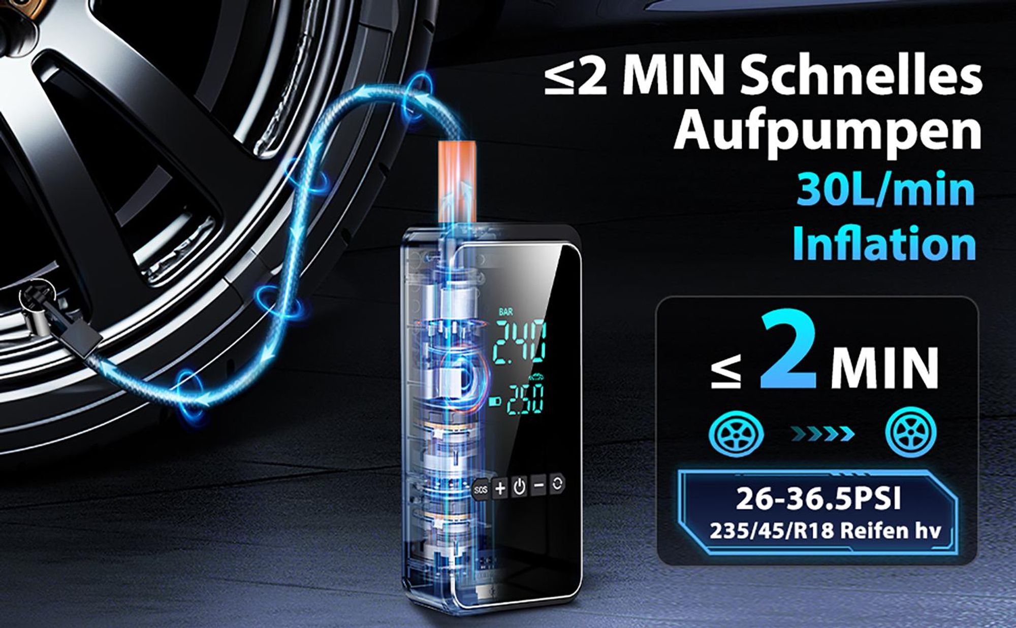 Elektrische Luftpumpe 150PSI, Tragbarer Akku Kompressor 12V 6000mAh, Wiederaufladbare USB-C Luftpumpe Fahrrad Elektrisch mit Notbeleuchtung und Digita