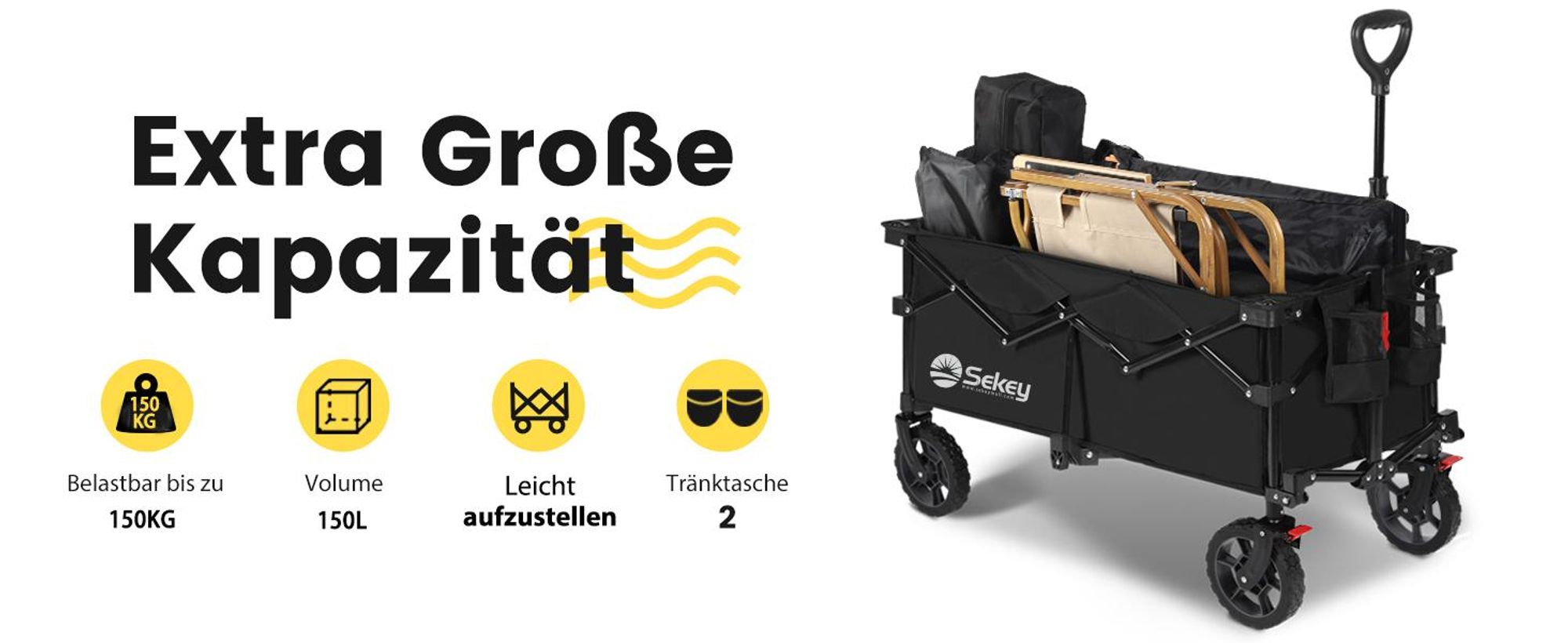 Sekey Bollerwagen faltbar 150 kg mit Bremsen, klappbarer Handwagen für Garten und Ausflug, Schwarz