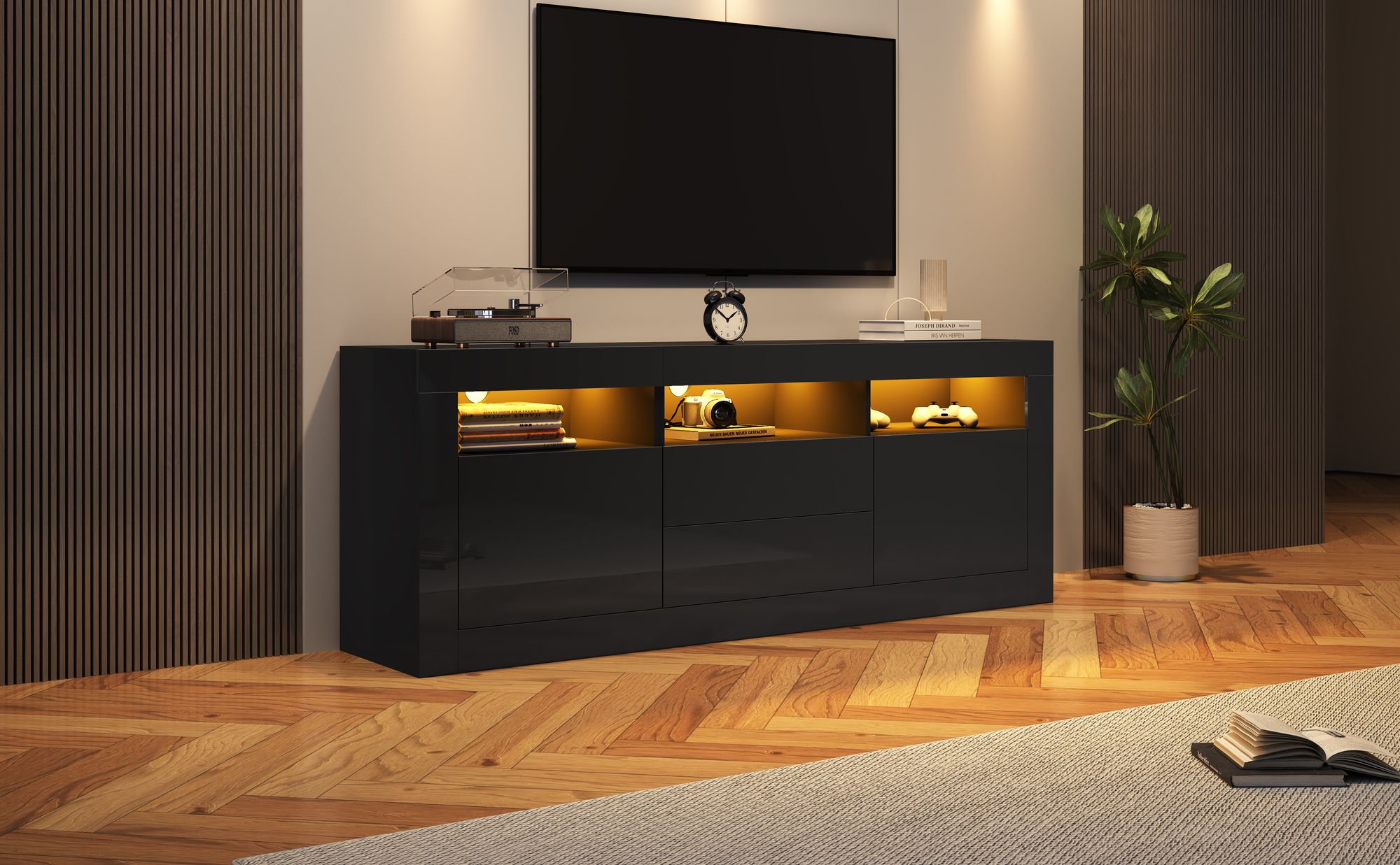 Merax TV-Schrank mit Hochglanzfronten und LED-Beleuchtung,TV-Lowboard mit 3 offenen Fächern und 2 Schubladen, Smart App Steuerung, 160cm Breit Schwarz