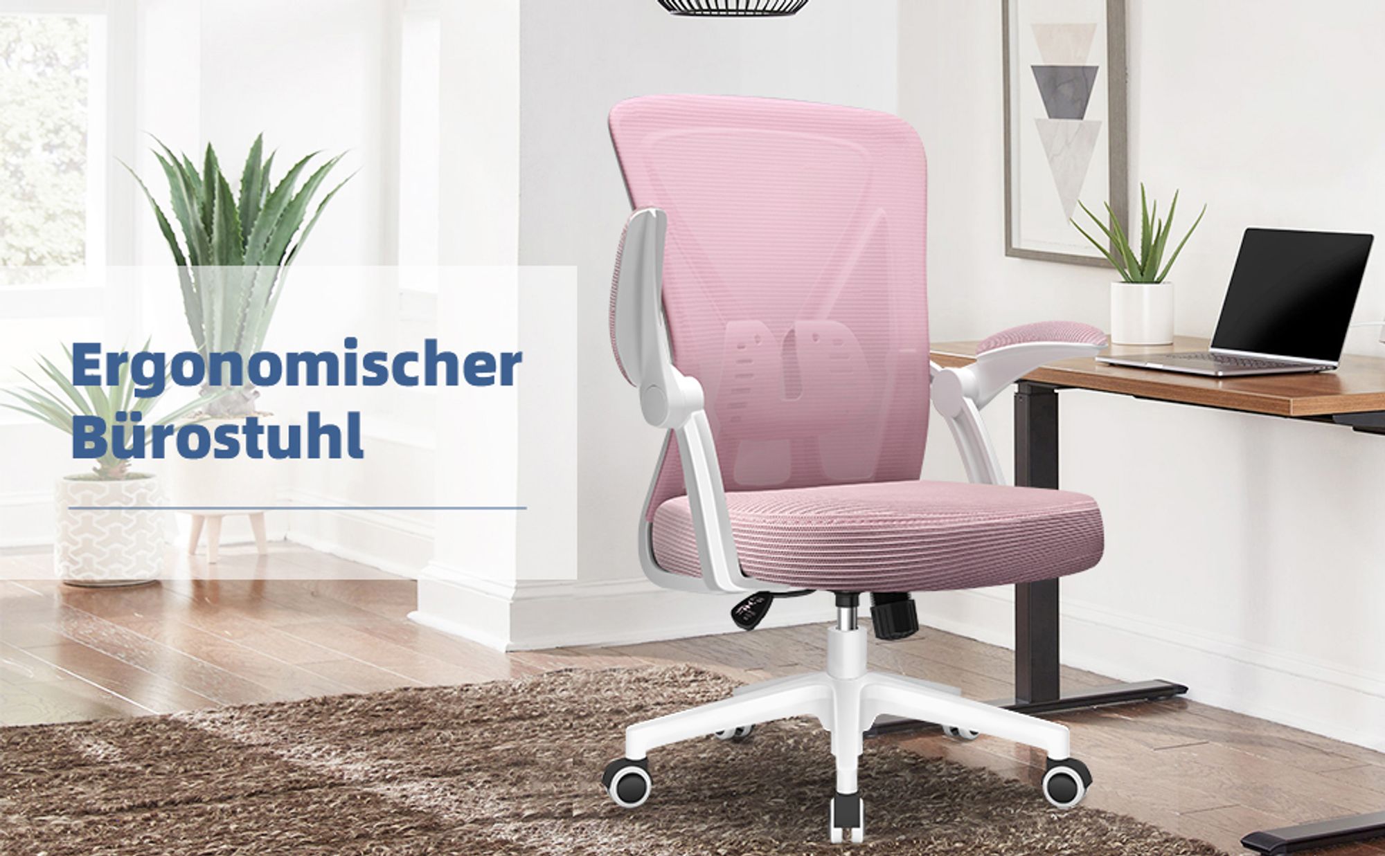 Marodic Bürostuhl Schreibtischstuhl 150kg Bürostuhl Ergonomisch mit 90° klappbaren Armlehnen, Wippfunktion 90°-125° Chefsessel Lordosenstütze, Rosa