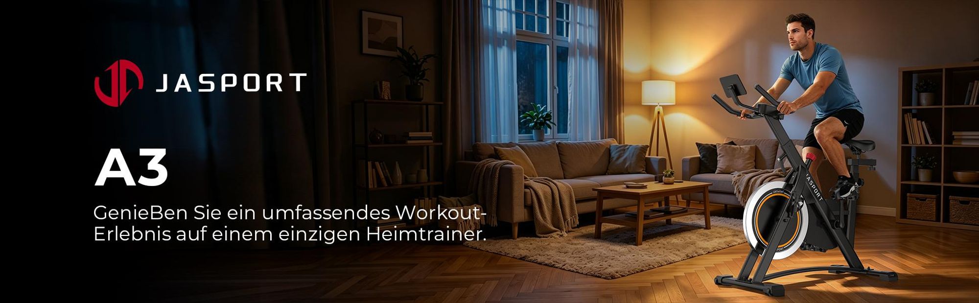 JASPORT A3 Leises Heimtrainer Fahrrad,  LED-Monitor, Bluetooth & App, verstellbarer Sitz & Widerstand, Tablet-Halter, bis 120 kg, Fitnessbike Zuhause