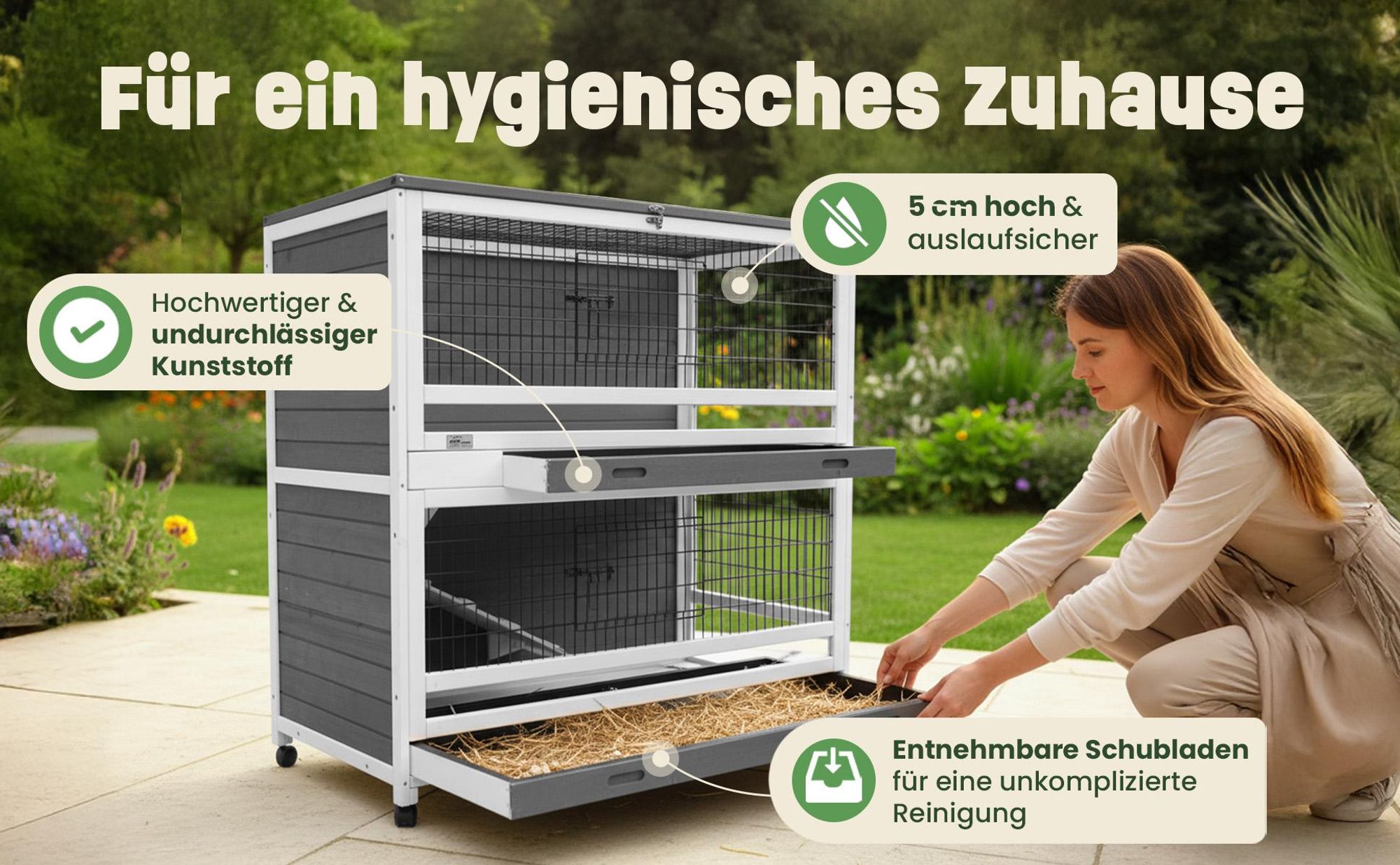 Hasenstall Kaninchenstall zooprinz Oskar mit Rollen | Winterfest & Wetterfest | Kotschublade | Indoor Outdoor Kleintier Stall Käfig Hasen Kaninchen