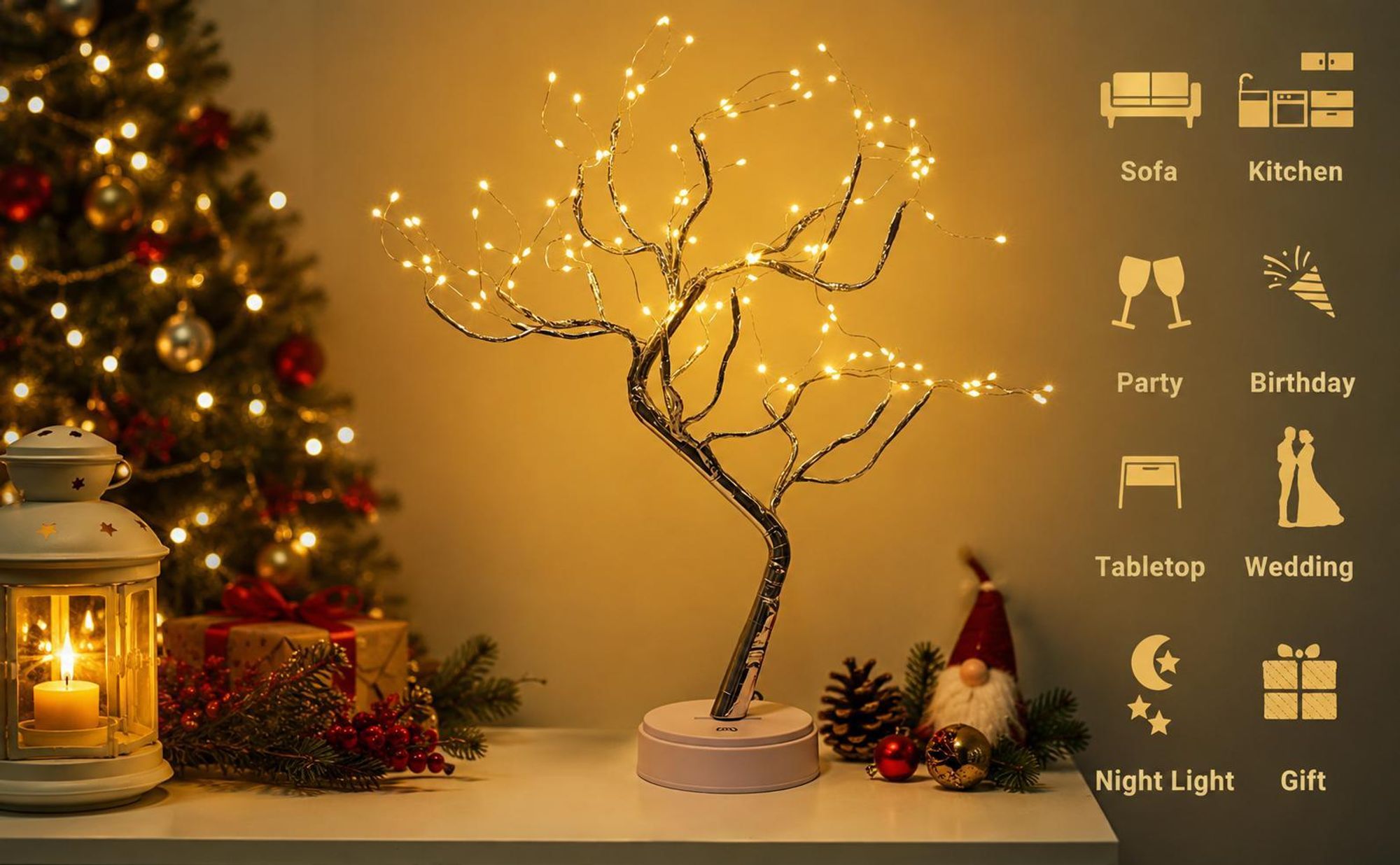 108 LED Weihnachtsdeko Bonsai Baum Lampe, Warmweißes Weihnachtslicht, Touch-Schalter, USB/Batteriebetrieben, Adventsdeko Winterdeko Tischdeko Zuhause