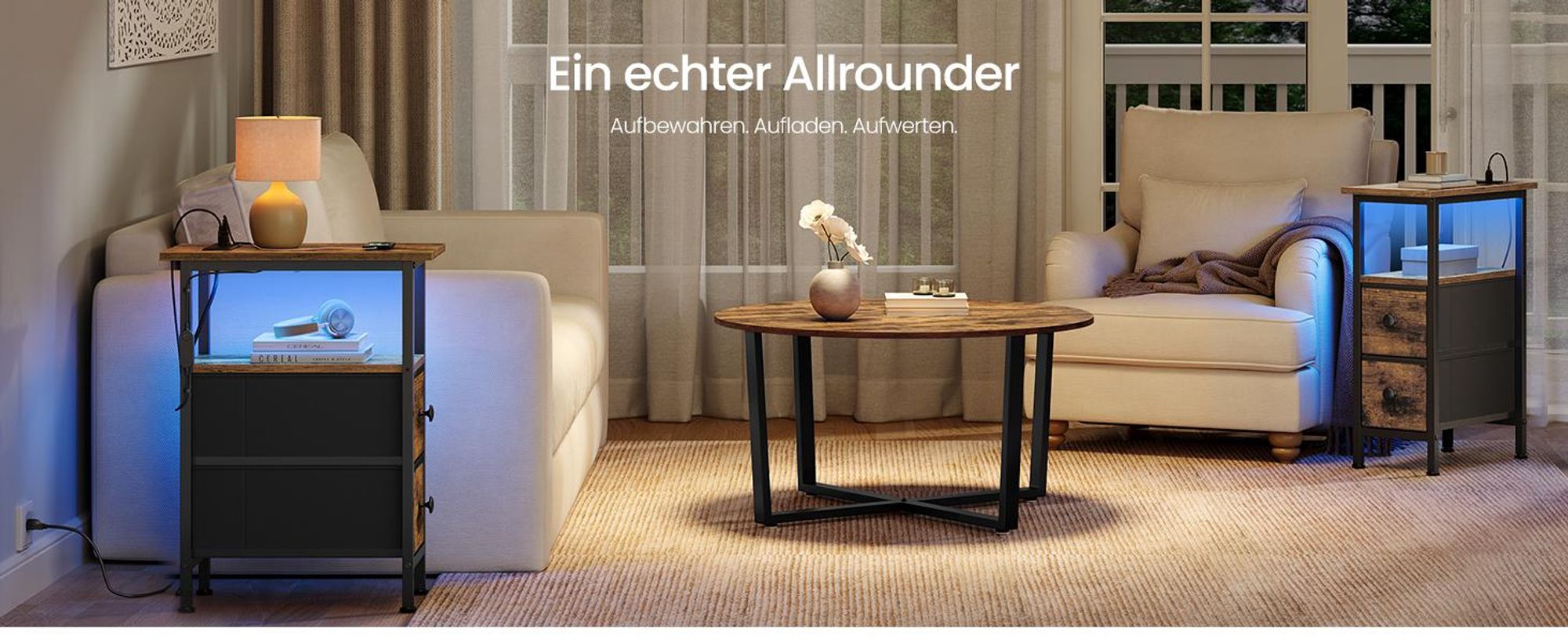 SONGMICS BELLAH Kollektion - Beistelltisch, Nachttisch mit Steckdosenleiste, Sofatisch mit LED-Beleuchtung, 2 Schubladen, Nachtschrank, Wohnzimmer