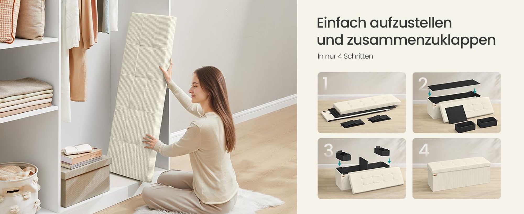 SONGMICS Sitzhocker mit Stauraum, klappbare Sitzbank, 38 x 110 x 38 cm Fußbank, Bettbank, Aufbewahrungsbox, bis 300 kg belastbar
