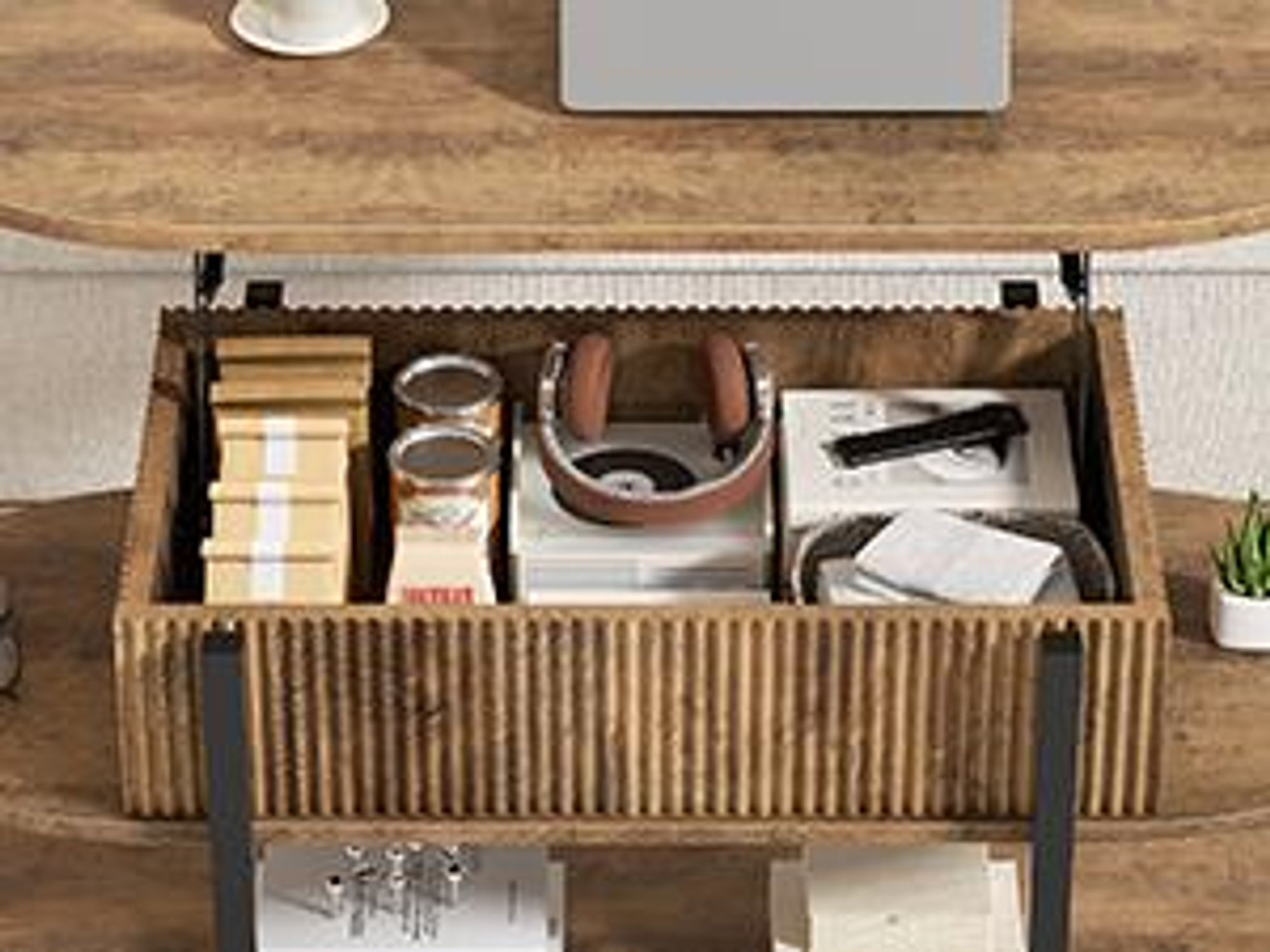 FABATO Couchtisch oval, höhenverstellbar mit verstecktem Stauraum, 3-Etagen-Design im Vintage-Eichen-Look