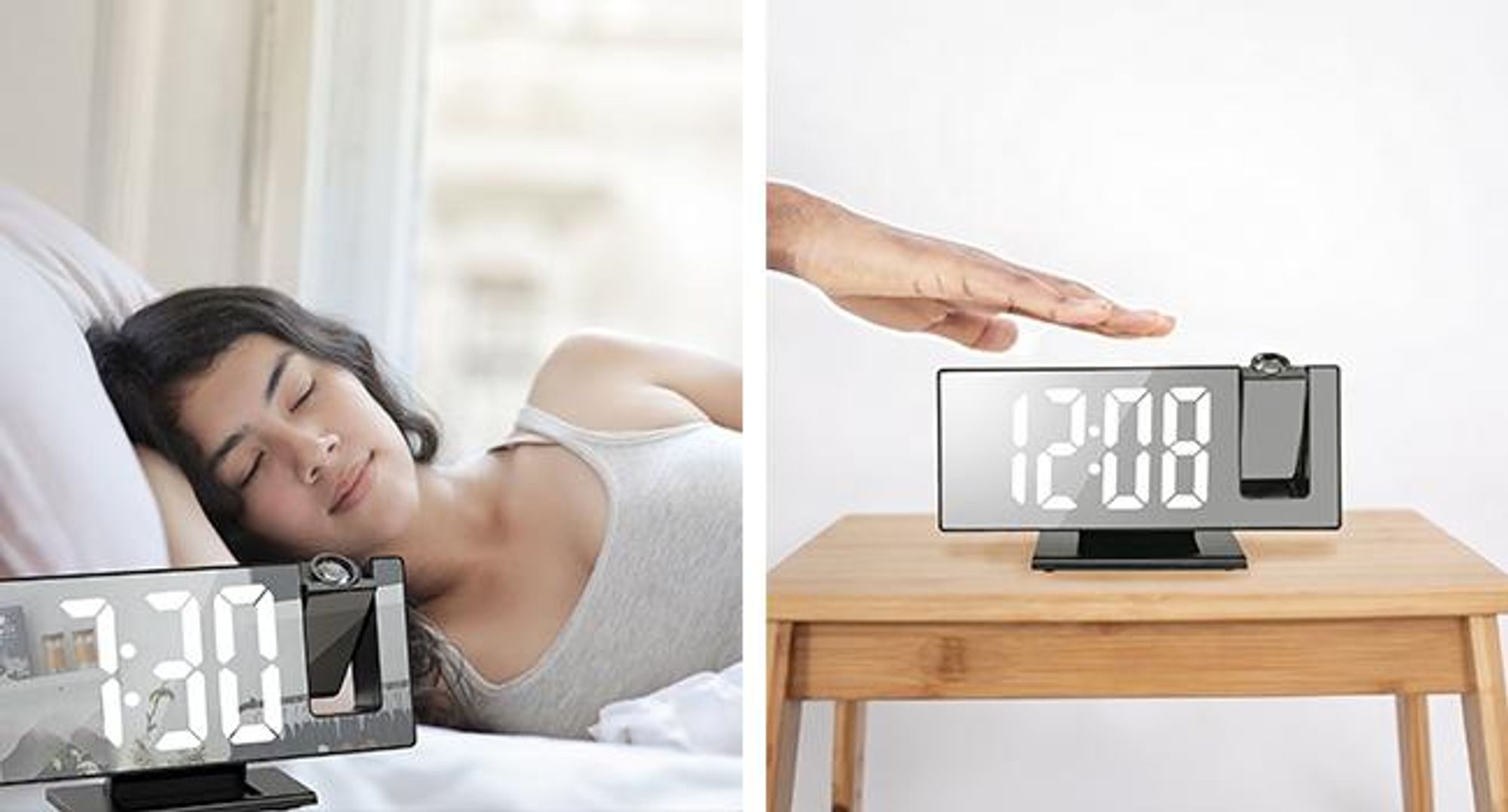 KRUMAD Projektionswecker Digital, Radiowecker mit Projektion, LED Uhr, USB Ladefunktion, 12/24 Stunden Anzeige, Snooze Funktion, Wecker Schlafzimmer