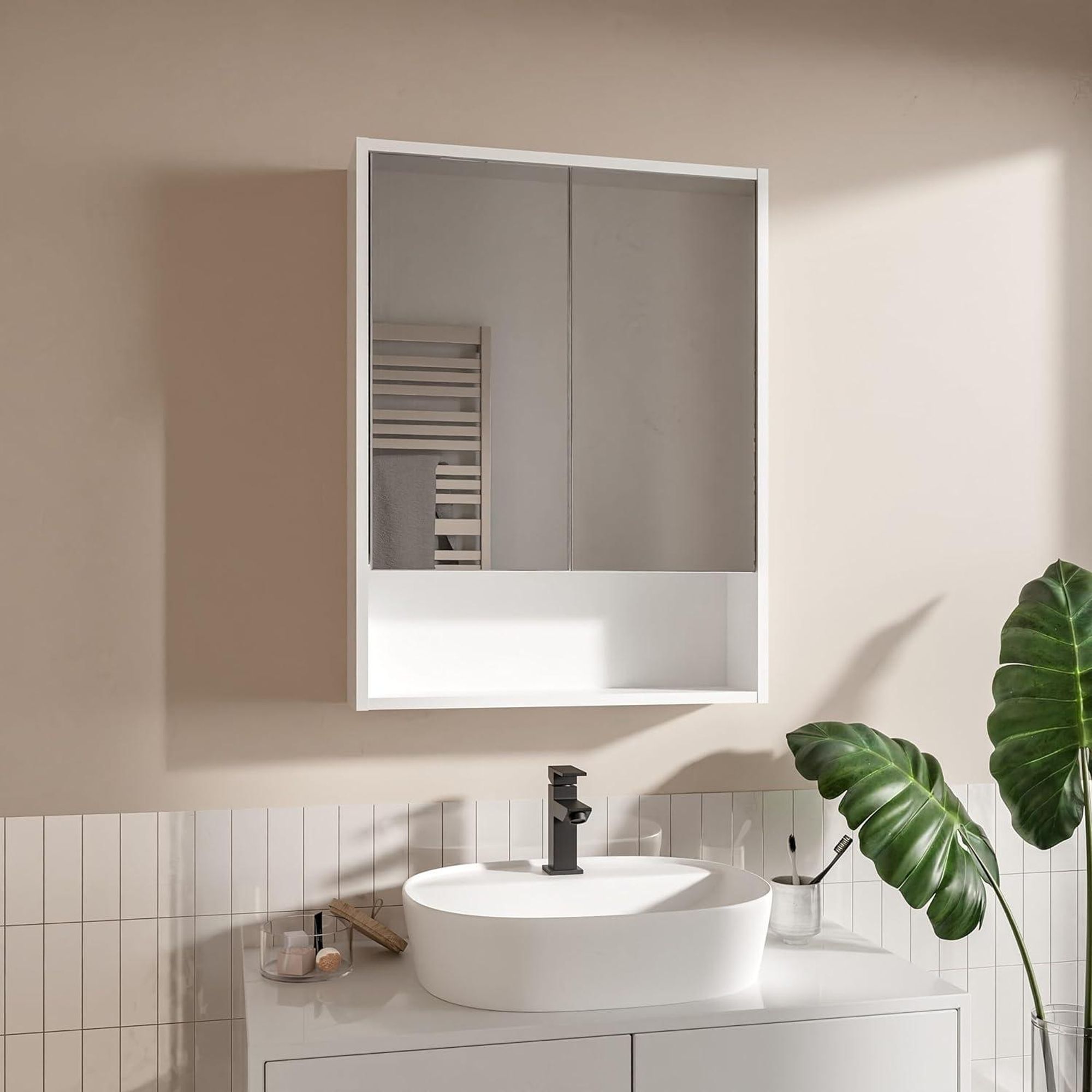 60x78 cm Spiegelschrank Bad Schwarz mit Glaseinlegeböden Badezimmermöbel Bathroom Cabinet Hängeschrank Bad Grifflose Front Modernes Design Wandmontage