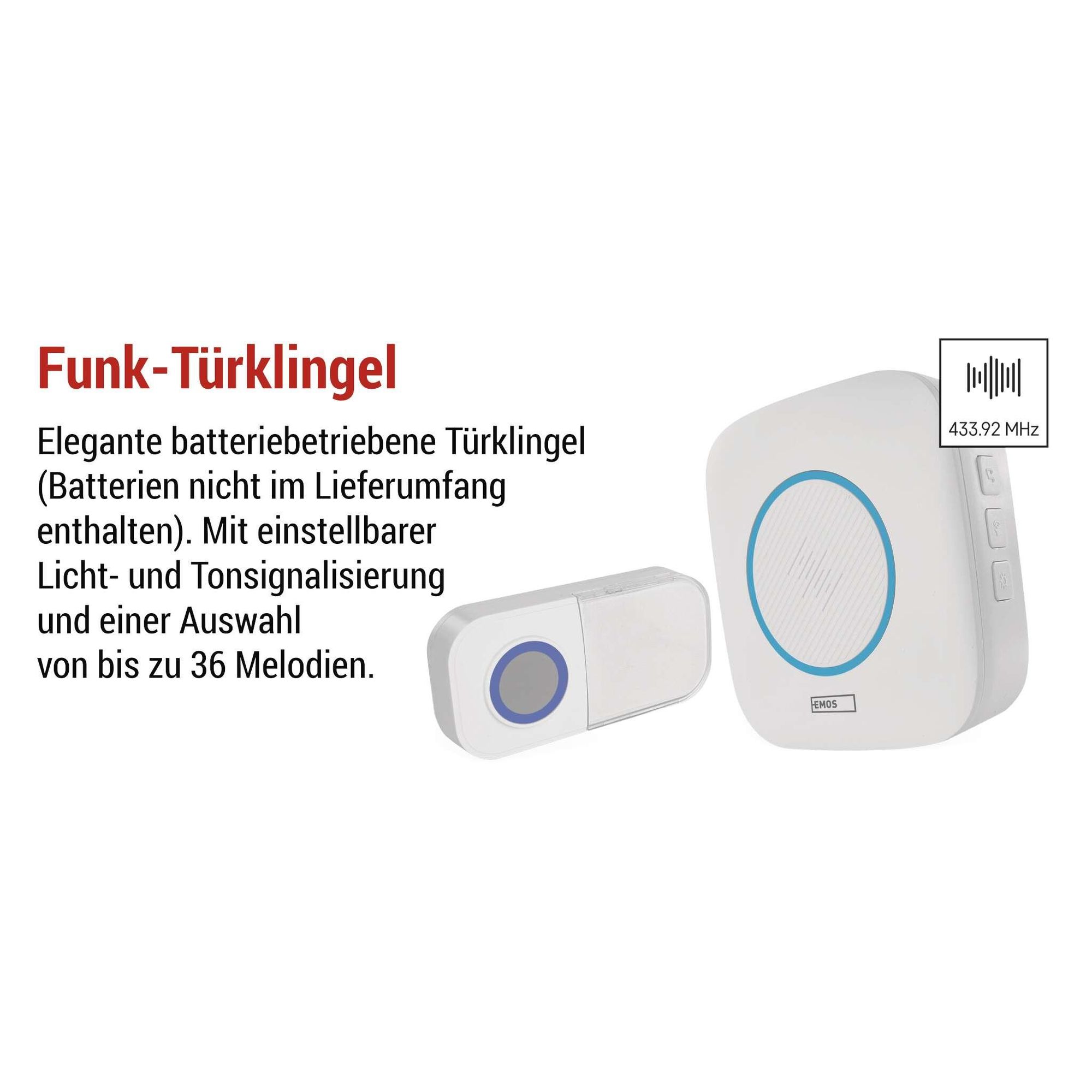 EMOS Türklingel Set mit wasserdichtem Klingelknopf, 36 Melodien, farbige Signalisierung, 150m Reichweite, 90 dB, batteriebetrieben, weiß, P5736