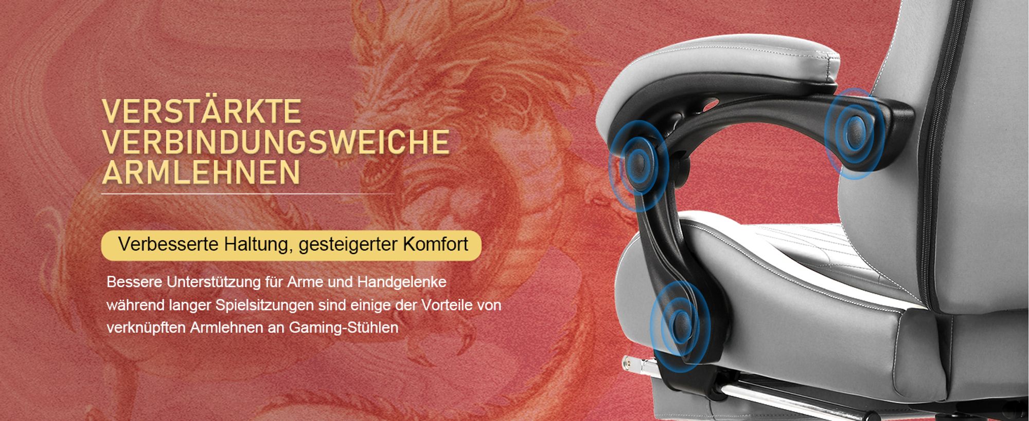 GTPLAYER Gaming Stuhl Gamer Stuhl mit Bluetooth-Lautsprechern und Fußstütze, Dragon Series Bürostuhl, Ergonomischer Drehsessel, Computerstuhl Grau