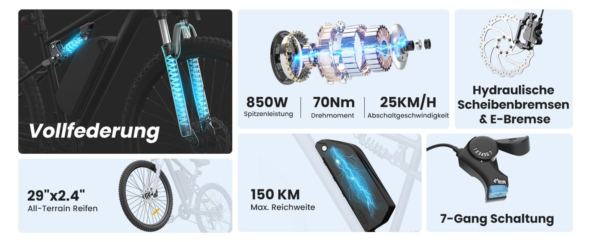 Touroll U3 Pro E-Bike 29 Zoll, 850W Motor, 70Nm, 720Wh Akku, Vollfederung, hydraulische Scheibenbremsen, Shimano 7-Gang