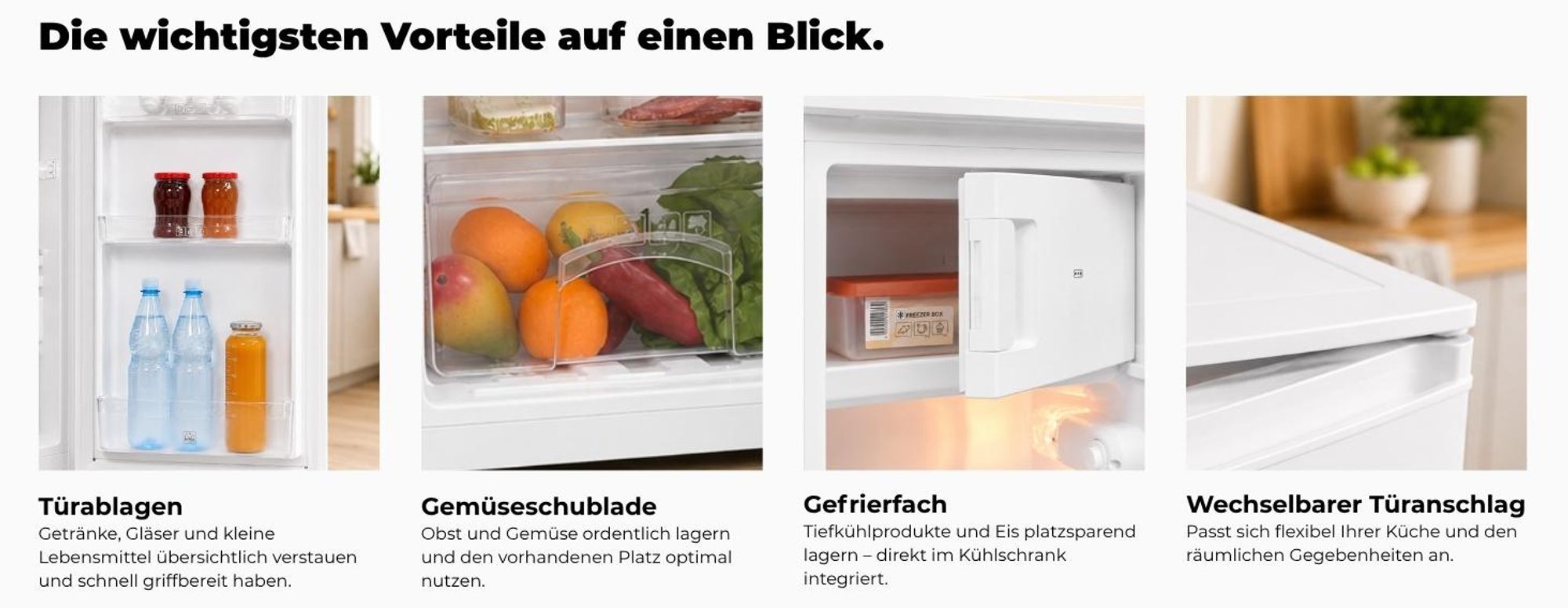 Exquisit Kühlschrank, Kühlschrank mit Gefrierfach, 3-Sterne, 81 Liter, 50 cm Breite, Türanschlag wechselbar, Temperaturregelung, KS5117-3-040E weiss