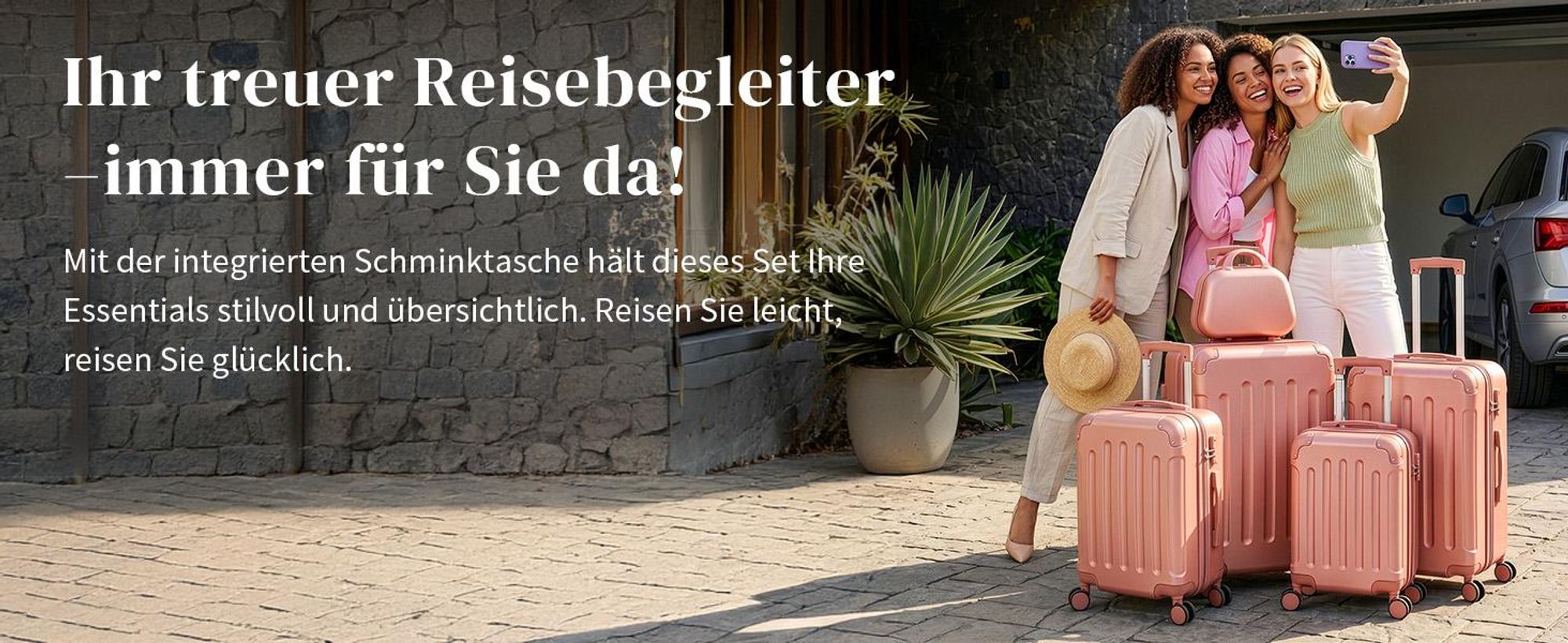 FCH 5tlg. ABS Hartschalen Kofferset 12/16/20/24/28 Zoll, Trolley mit 4 Rollen und Tragegriff, Eckschutz, Teleskopgriff, Roségold