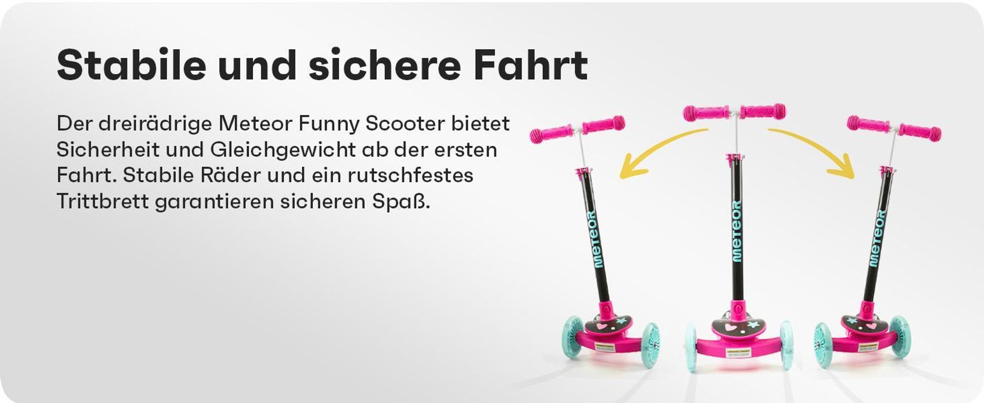 Dreirad-Kinderroller Meteor Funny – Bunte Leucht-LED-Räder, verstellbare Höhe, bis 50 kg, Mintgrün