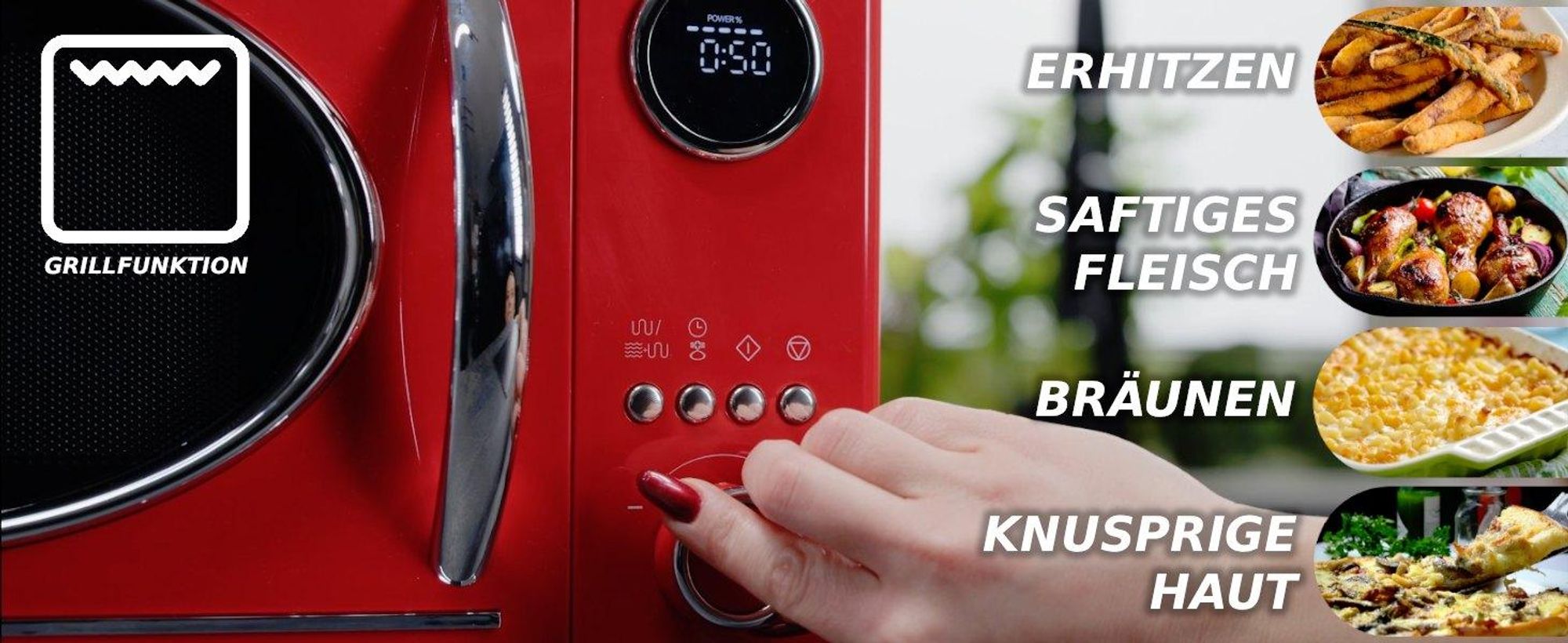 Retro Mikrowelle, rot, mit Grillfunktion MW 2600 DGR Kalorik 1150W