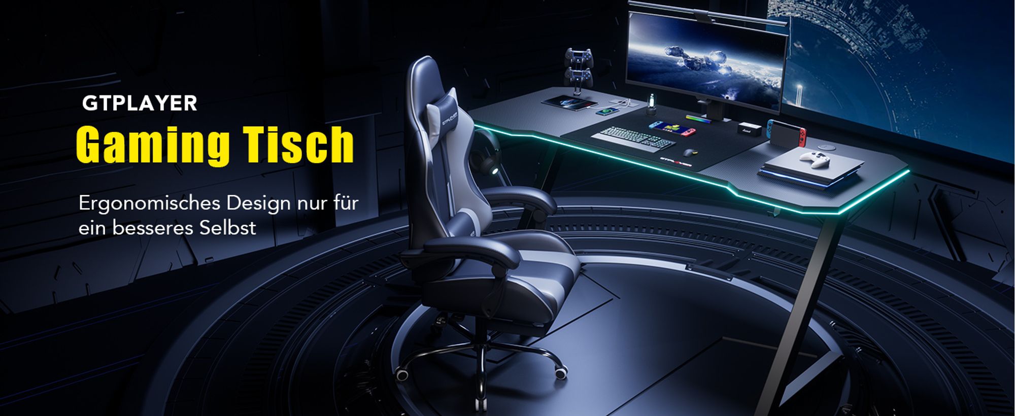 GTPLAYER 120 x 60cm Gaming Tisch, Gaming Schreibtisch mit Mauspad, Steckdose Gamer Tisch Computertisch mit Kopfhörerhaken Schwarz