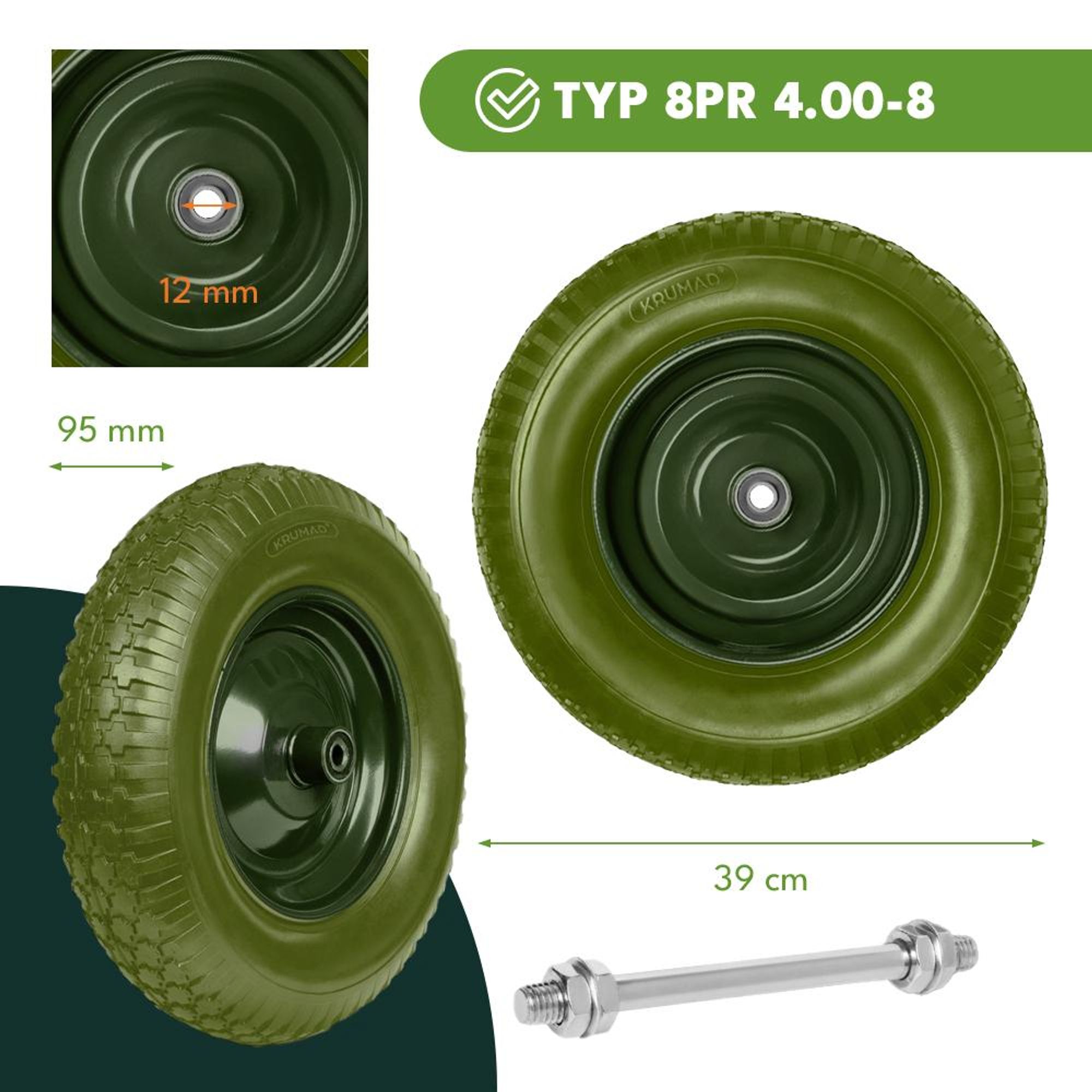 KRUMAD Schubkarrenrad Vollgummi mit Achse 200 kg 4.80/4.00-8 39 cm Metall Ersatzrad für Schubkarre Schubkarrenzubehör