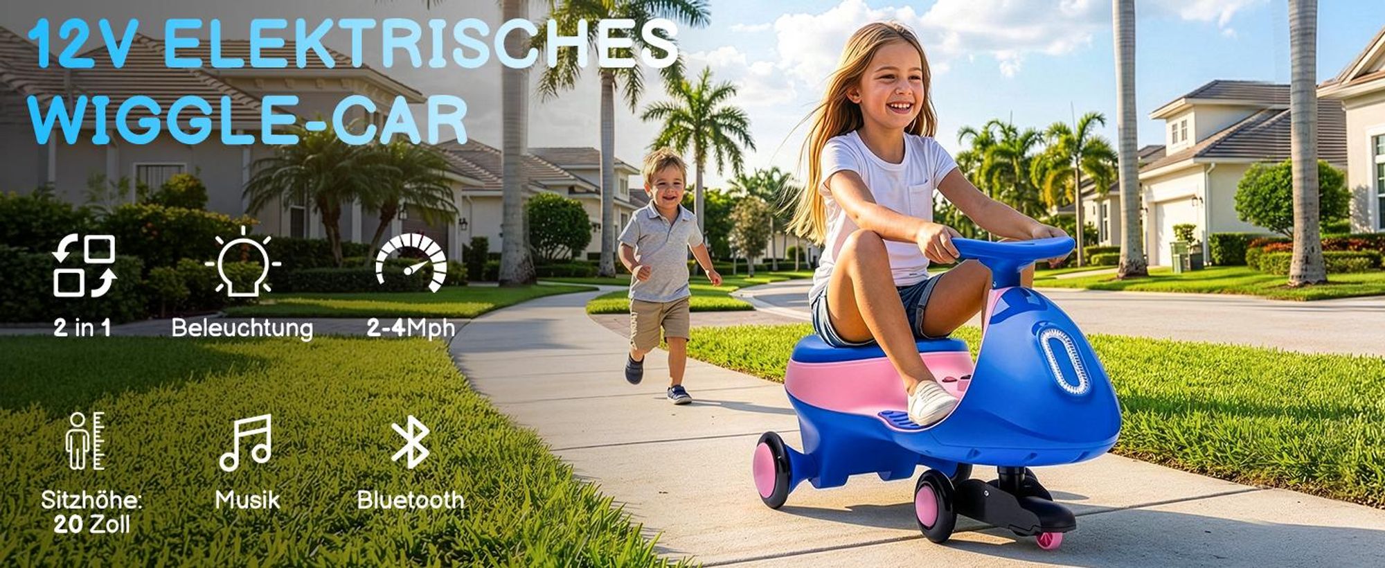 Kinder-Elektroauto 12V, Elektrisches Rutschauto mit Pedal, 2 Geschwindigkeiten und Kippschutz, Bluetooth, für Kinder ab 3 Jahren, Blau & Rosa