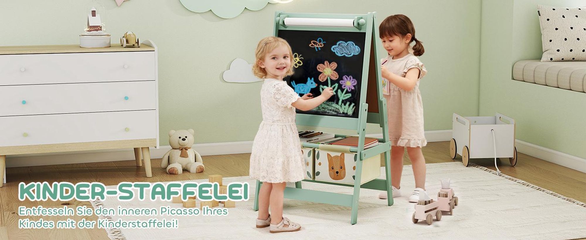 AIYAPLAY Kindertafel, 3 in 1 Kinder Staffelei Doppelseitig, mit Papierrolle