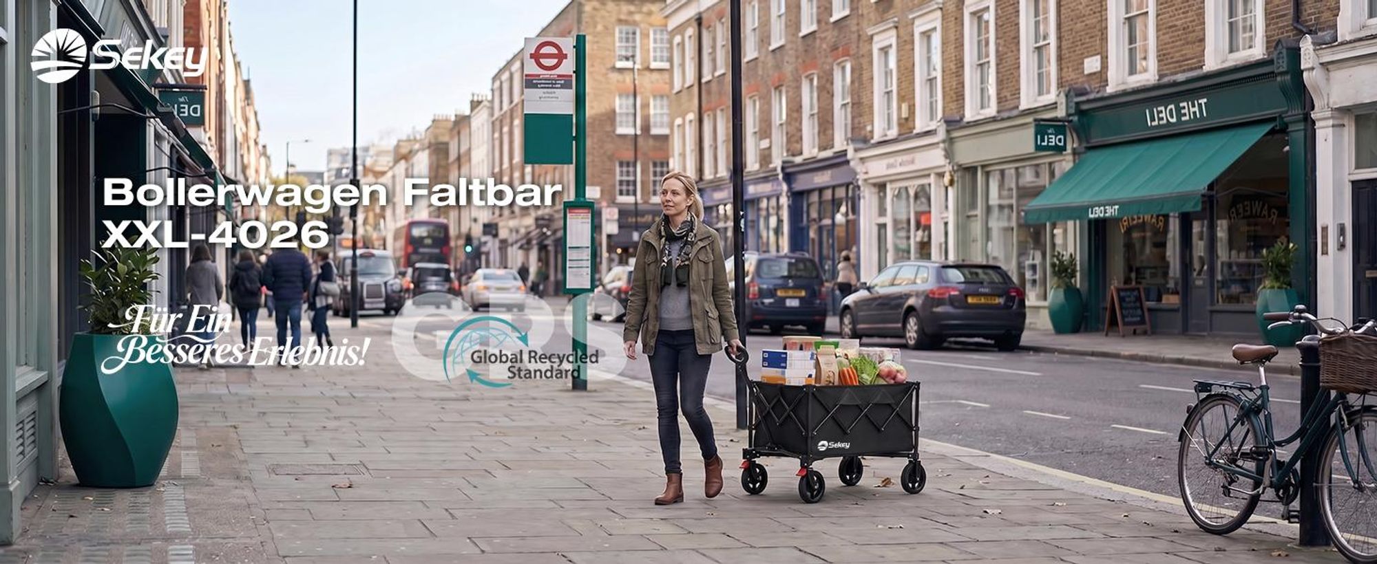 Sekey Bollerwagen faltbar 150 kg mit Bremsen, klappbarer Handwagen für Garten und Ausflug, Schwarz