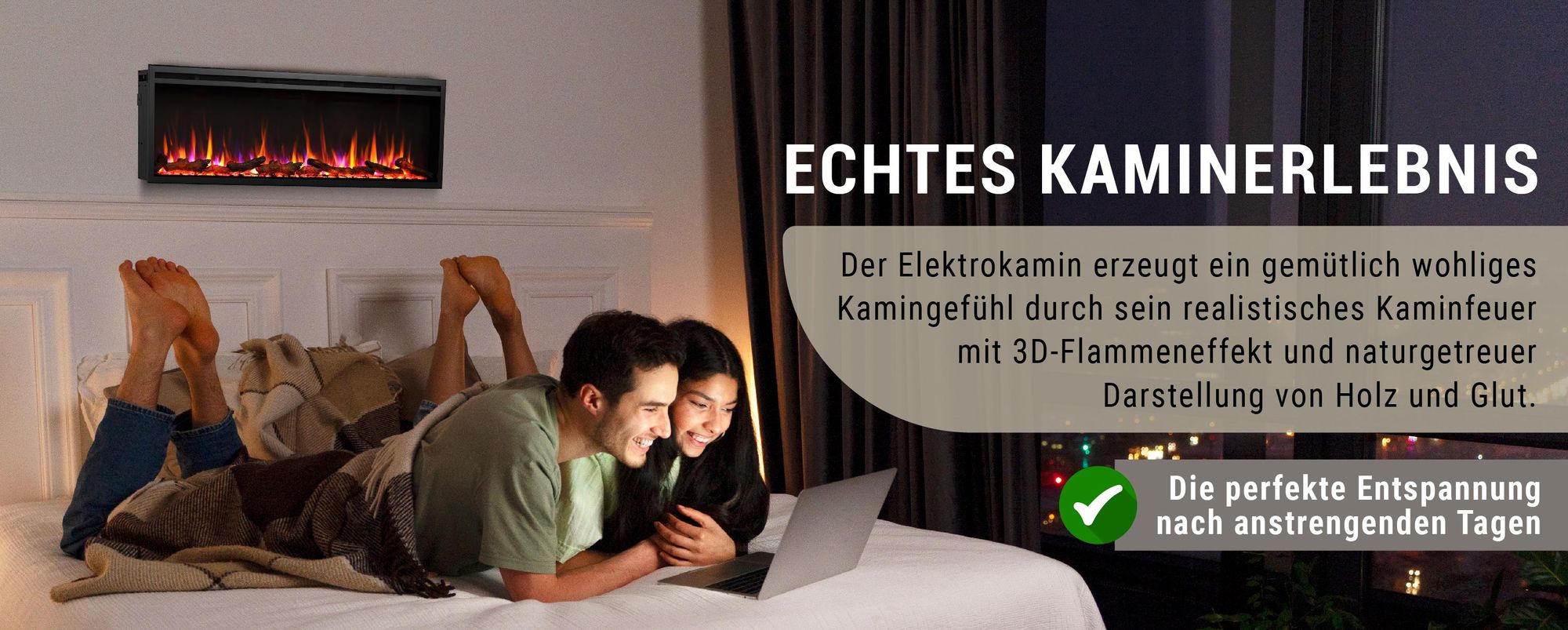 BALDERIA Elektrokamin Atalanta 60" | Einbaukamin, 3D-Flammeneffekt,Ambientebeleuchtung, Heizung 1500W, App, Knistereffekt, Timer, Thermostat | Schwarz