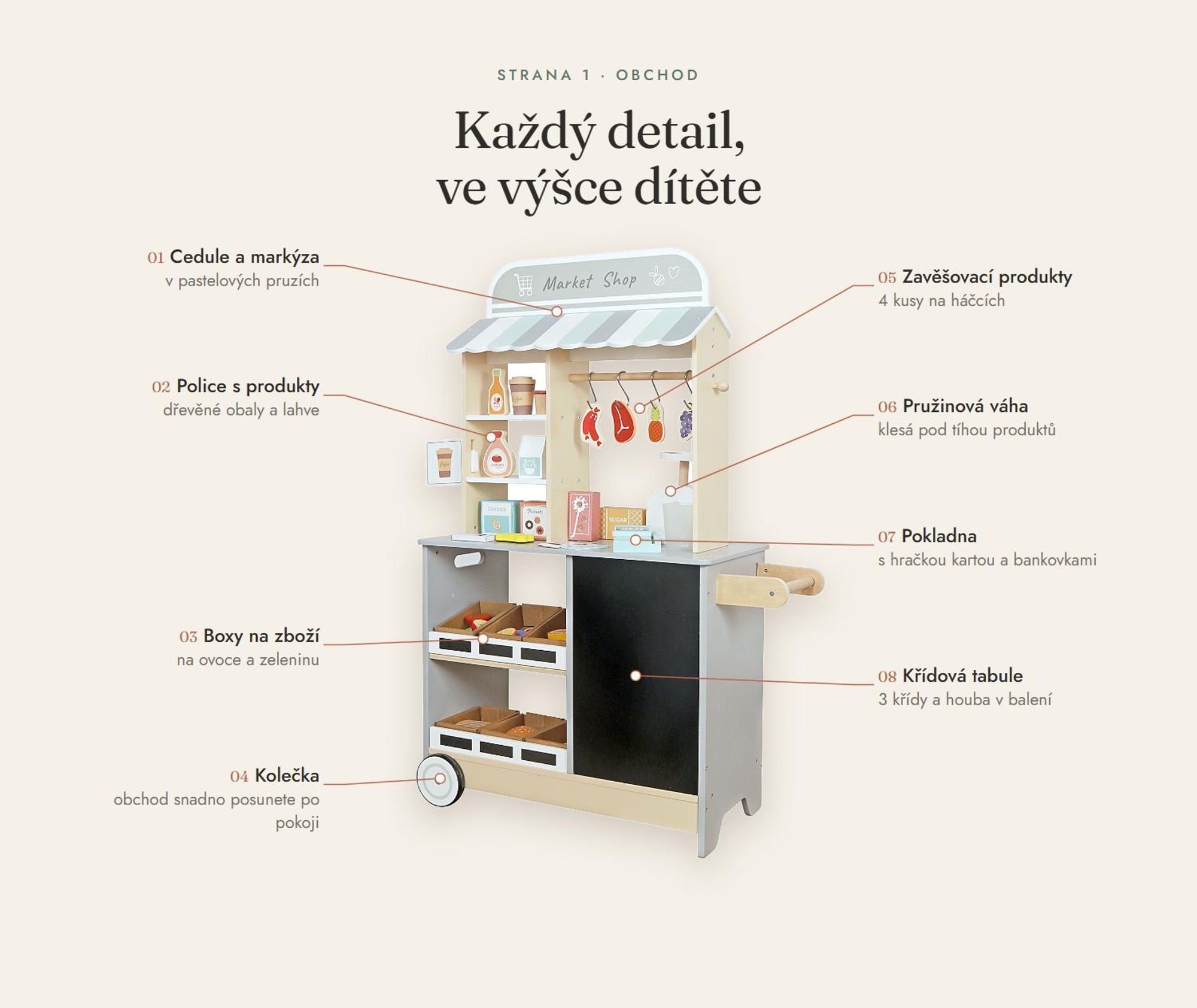 Velký dřevěný obchod pro děti – stánek s potravinami a příslušenstvím (59 dílů), supermarket XXL