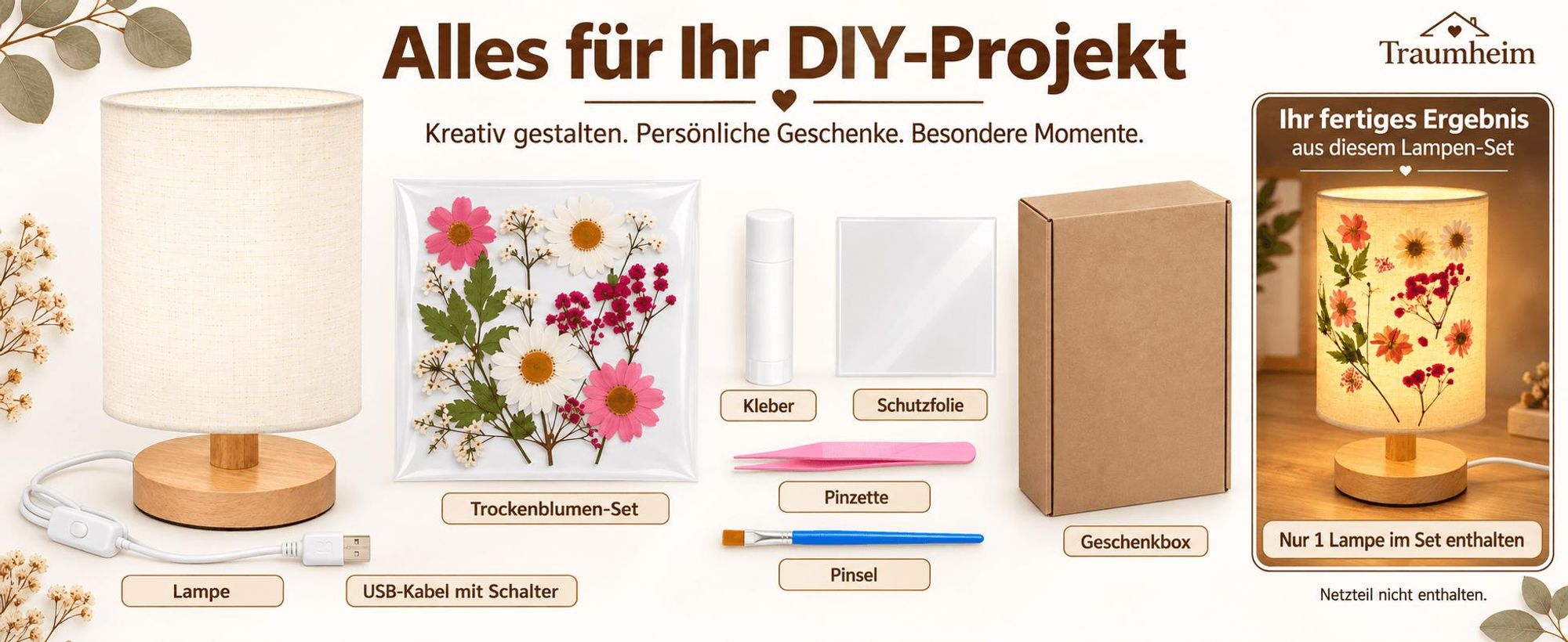 DIY Nachtlicht mit Trockenblumen, Blanko Stoffschirm, 3 Helligkeitsstufen, 5W Tischlampe, USB, Holz lampe für Schlafzimmer, Wohnzimmer & Kinderzimmer