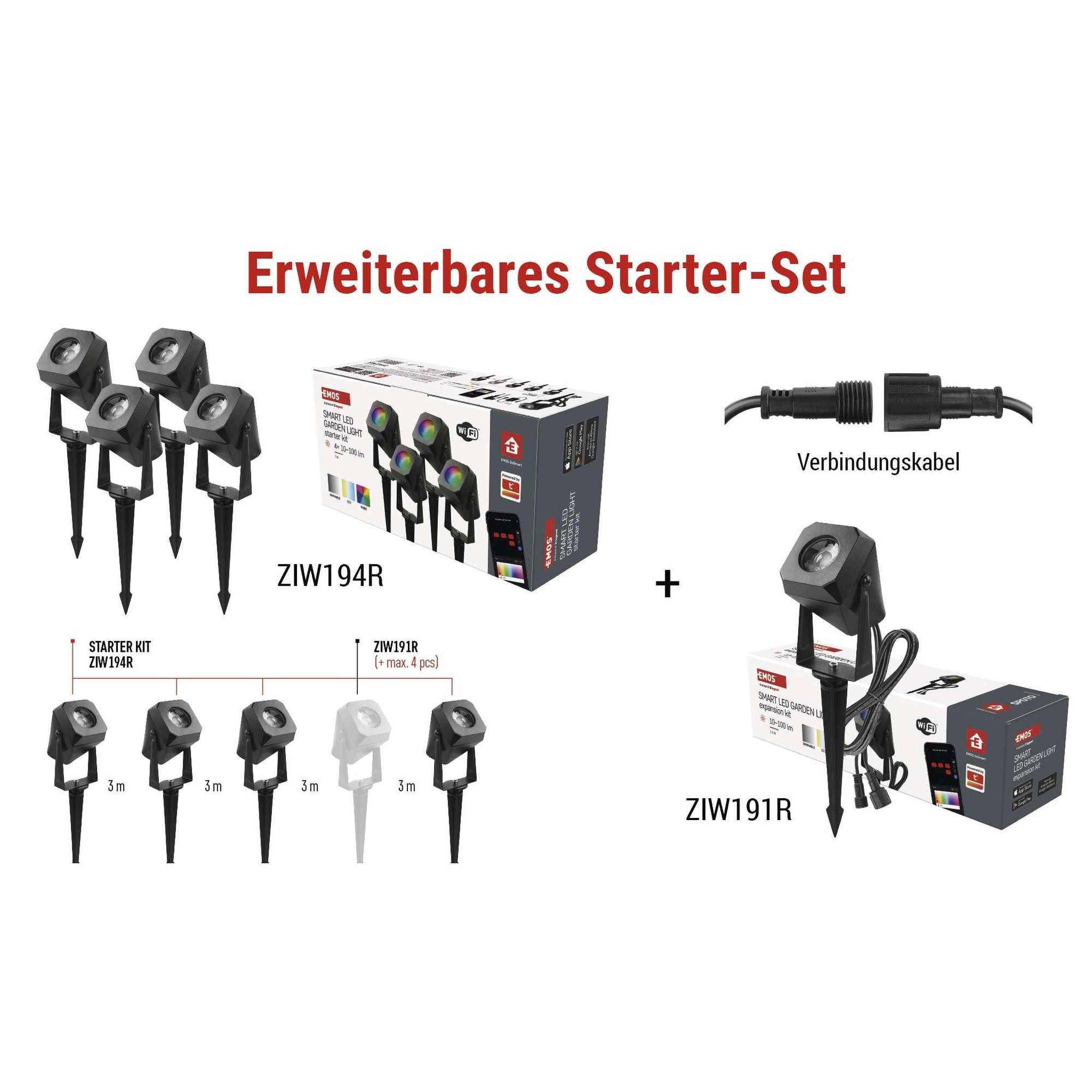 EMOS Smart Gartenbeleuchtung mit Erdspieß, Erweiterungsteil 1 Stk, WiFi, RGBIC+CCT-Farbspektrum, dimmbar, App, Sprachassistenten, wasserdicht, ZIW191R