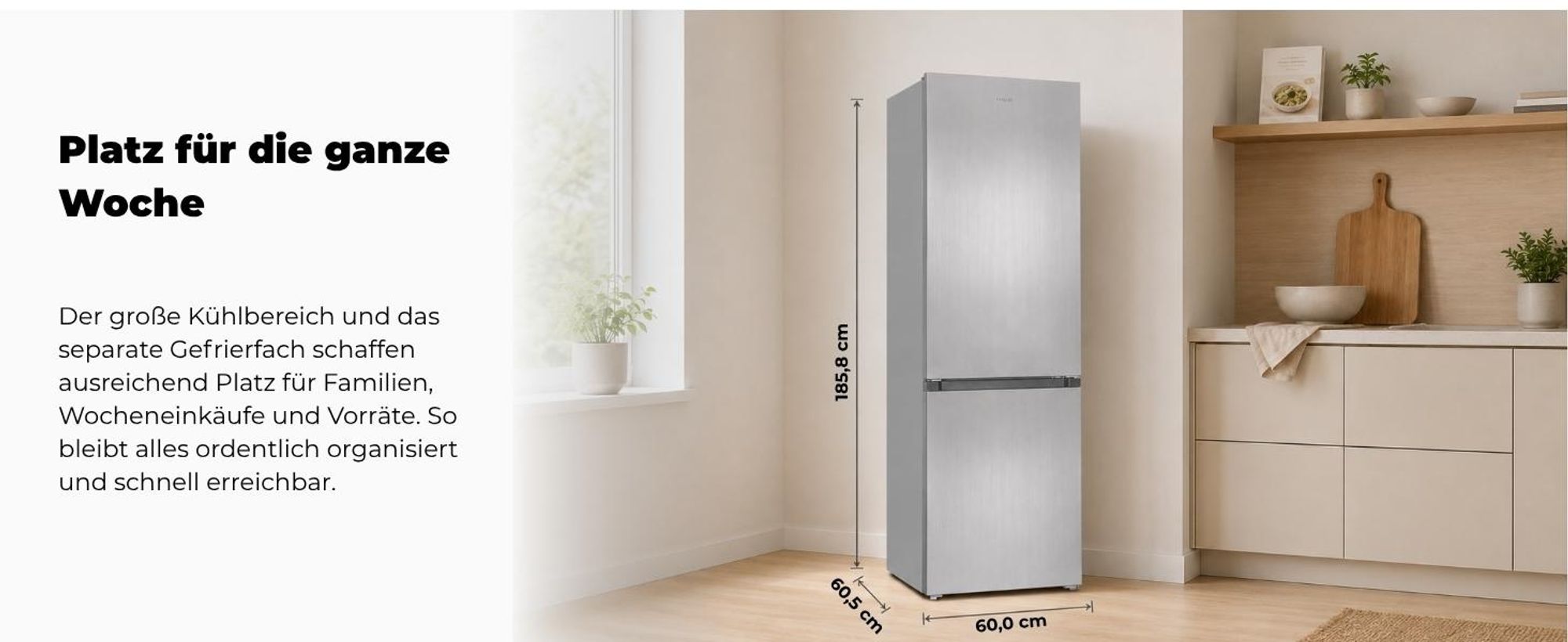 Exquisit Kühl-Gefrierkombination, Kühlschrank mit Gefrierfach, 4-Sterne-Gefrieren, 315 Liter, Alarm-Funktion, KGC5320-95-E-040C inoxlook