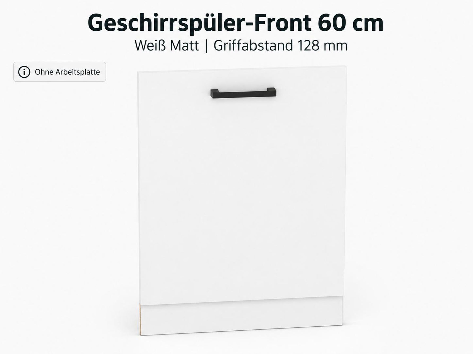 Geschirrspüler-Front 60 cm in Weiß Matt mit schwarzem Griff.