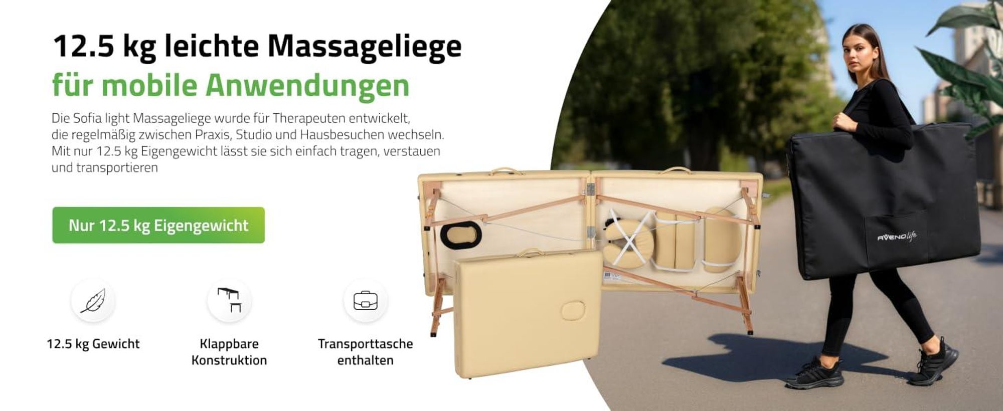 Habys Sofia Light Massageliege Mobile Massagetisch Kosmetikliege 2 Zonen Tragebares Massagebett höhenverstellbar inkl. Kopfstütze & Armlehnen 213 cm