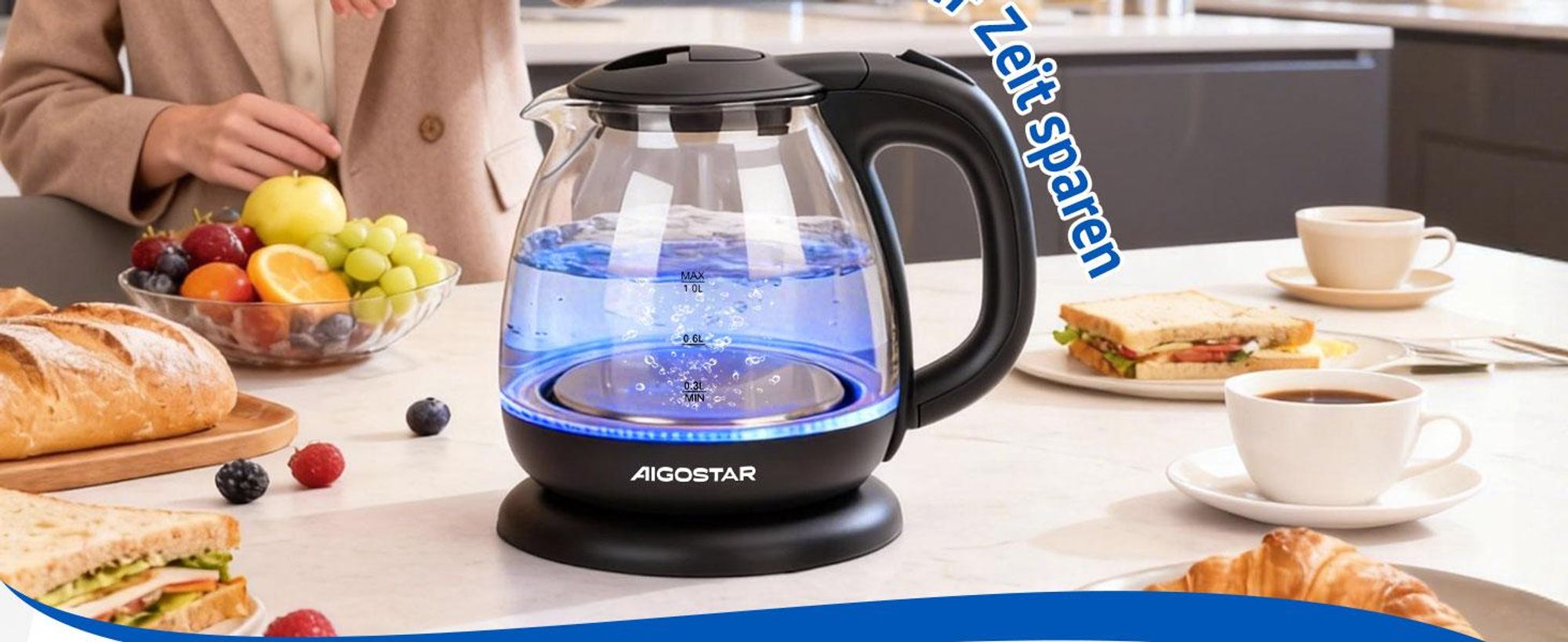 Aigostar - Kleiner wasserkocher glas mit led-beleuchtung, 1 Liter, 2200W