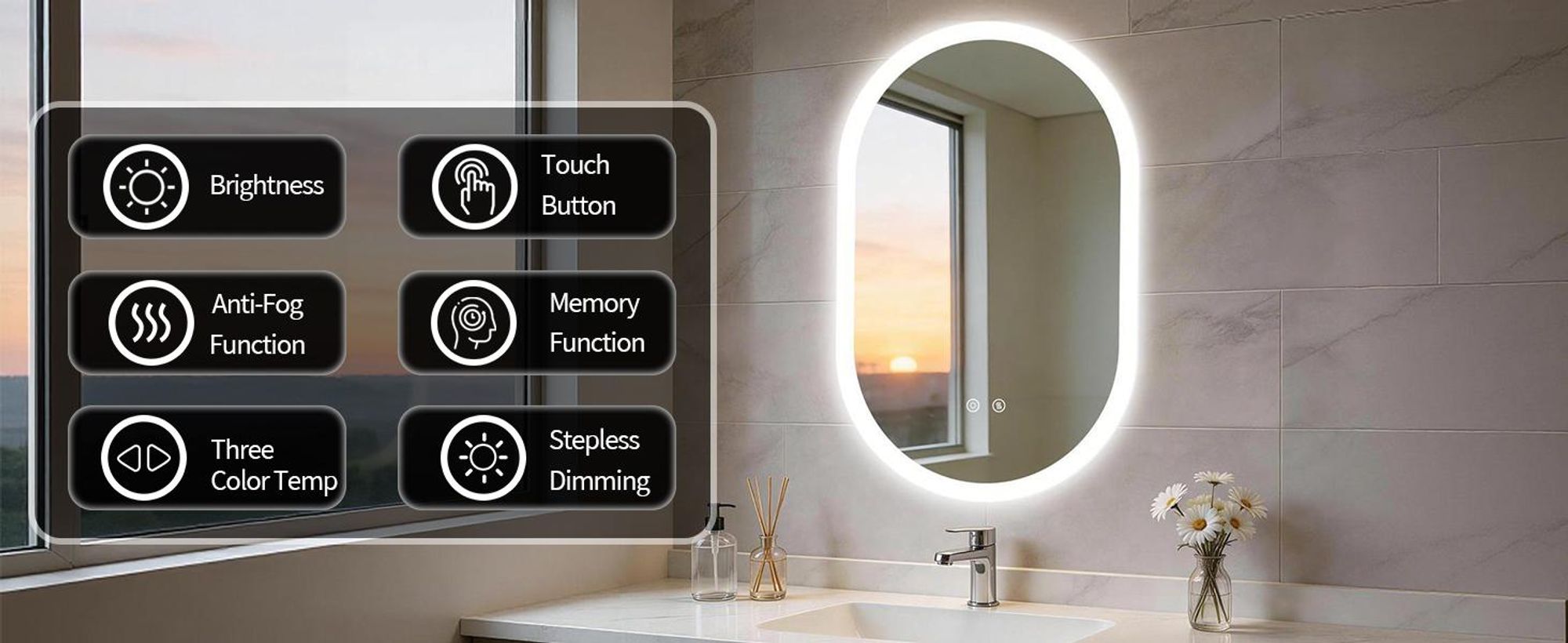 WISFOR LED Badspiegel Oval 50x80cm, Ovaler Wandspiegel mit Beleuchtung, Anti-Beschlag, 3 Lichtfarben, Dimmbar