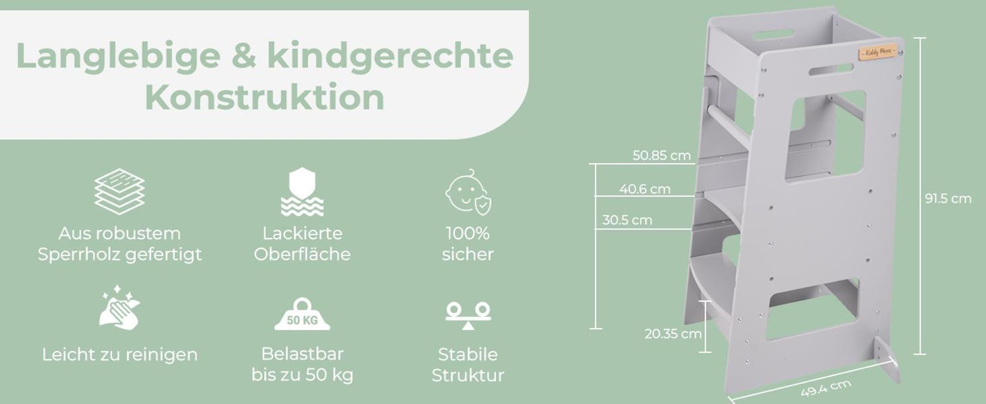 KiddyMoon Lernturm ST-003 Kitchen Helper Montessori Möbel Holz Höhenverstellbar Tritthocker Für Babys Und Kinder, Grau