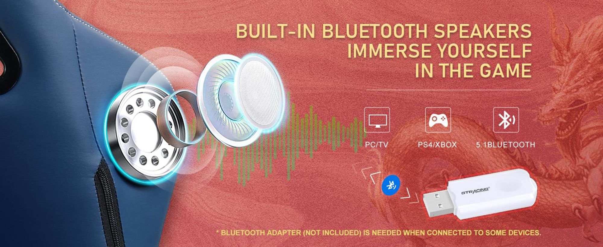 GTPLAYER Herné kreslo Herné kreslo s Bluetooth reproduktormi a opierkou na nohy, kancelárske kreslo série Dragon, ergonomické otočné kreslo, počítačové kreslo modré