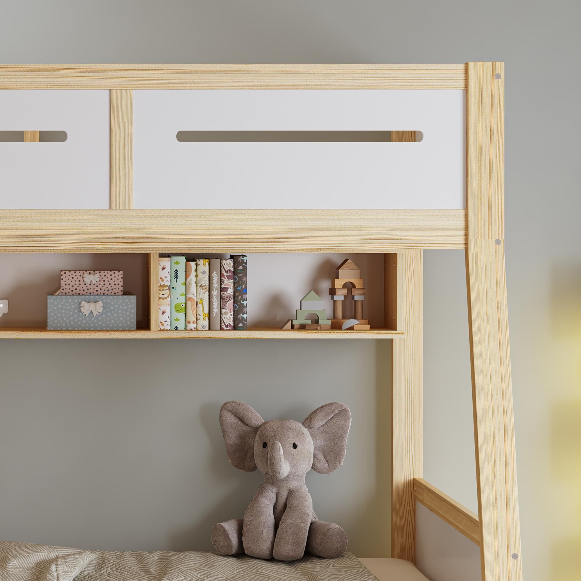 Flieks Etagenbett 90x200cm / 120x200cm, Hochbett Kinderbett mit Schubladen und Regal, Holzbett Stockbett mit Rausfallschutz, Naturbelassen