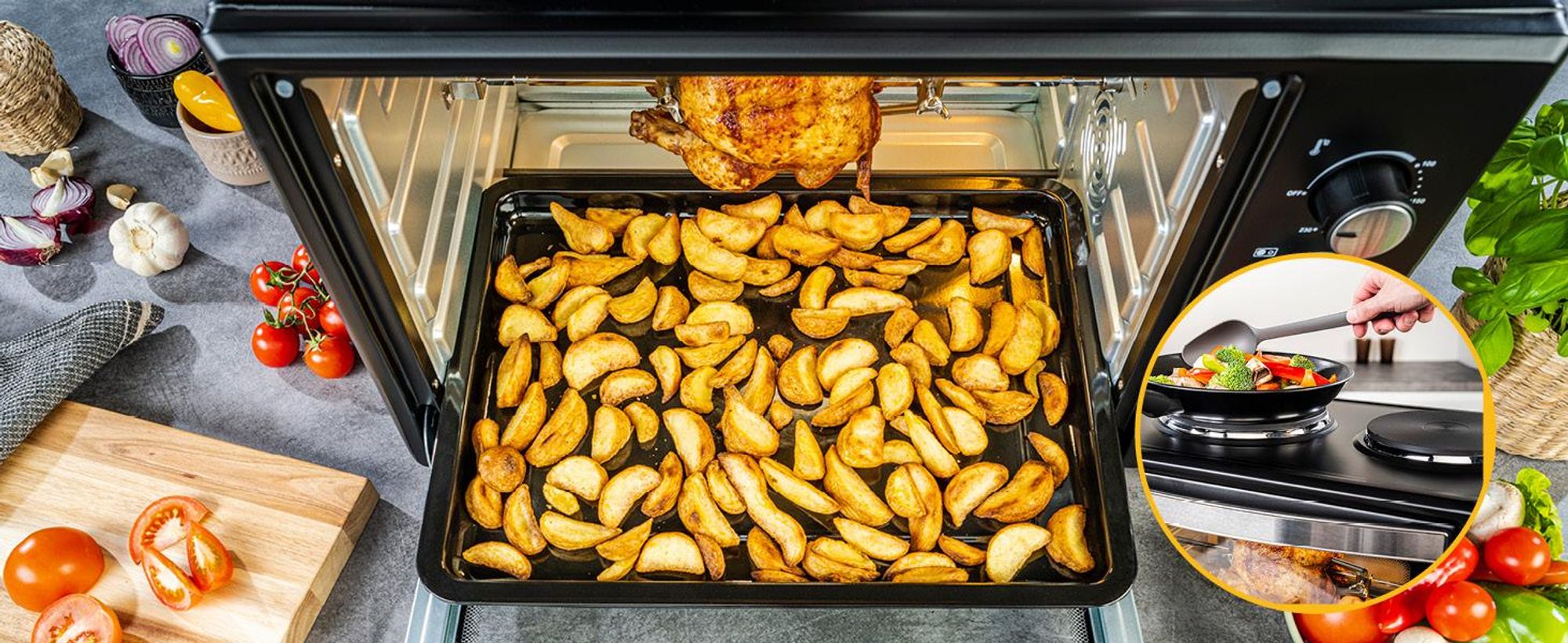 TZS First Austria - Mini Backofen mit Kochplatten 45L 3200W - Premium-X Coating - Temperaturregelung bis 230°C - 3 Einschubhöhen