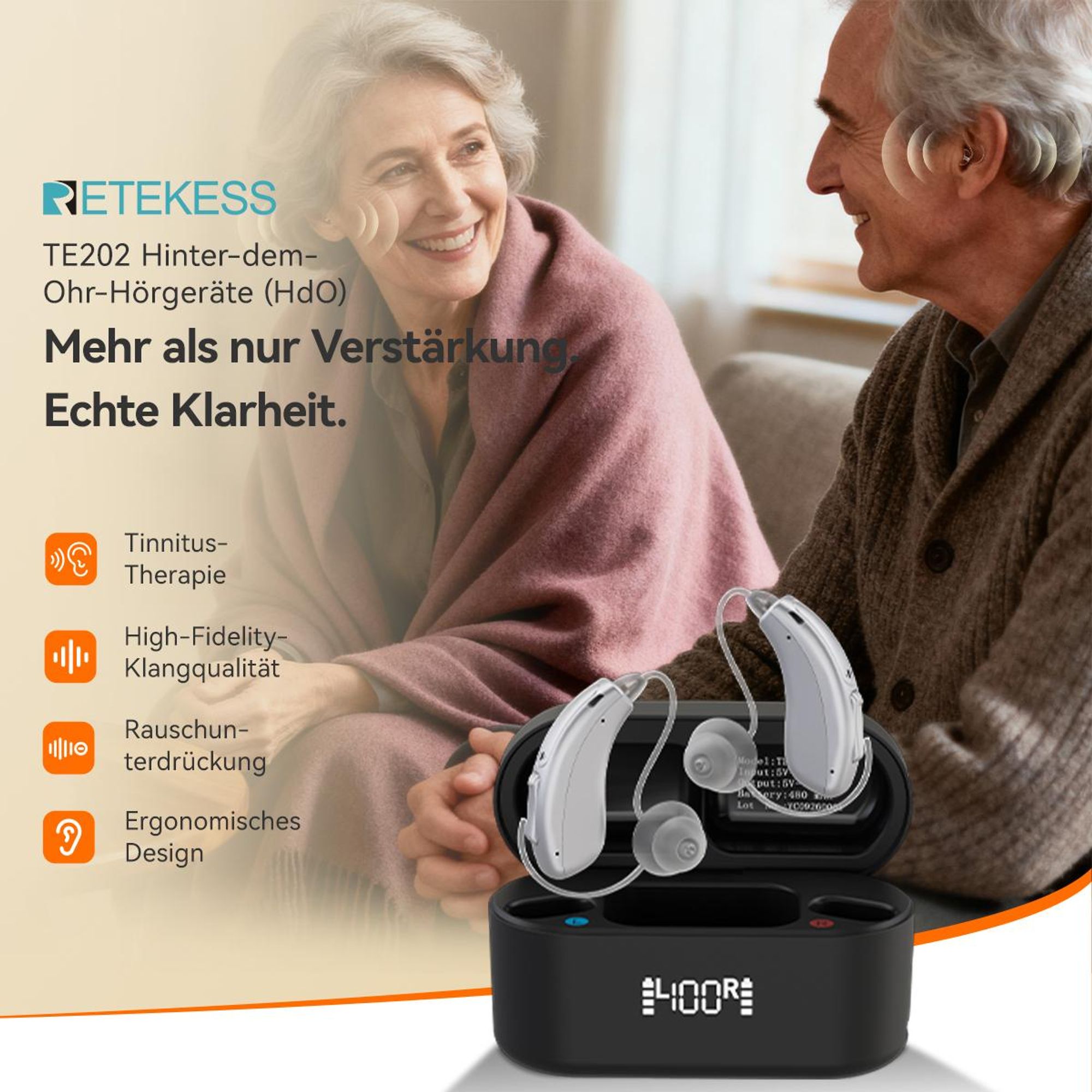 Retekess TE202 Hörhilfen, Wiederaufladbarer Digitaler Audioverstärker, 4-Fache Geräuschunterdrückung, HiFi-Audio mit 32 Kanälenm,für senioren Familien