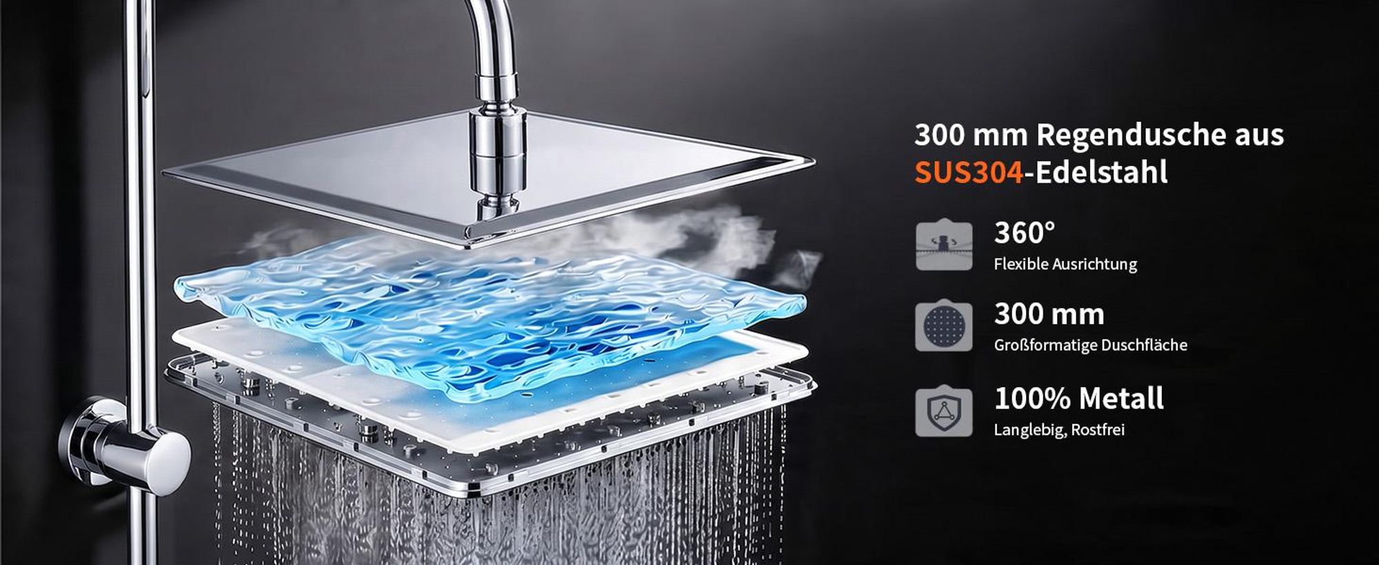 Homelody Duschsystem ohne Armatur, Duschset Duschsäule mit SUS304 Edelstahl Duschablage 30cm kopfbrause & Handbrause Quadratisch 3 Strahlarten Chrom