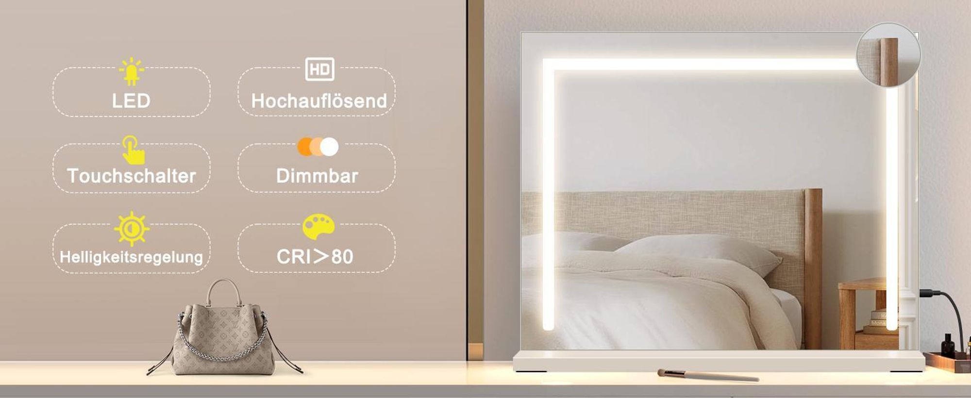 ZMH Lustro kosmetyczne z oświetleniem 80 x 60 cm Lustro kosmetyczne z oświetleniem Touch Dimmbare LED 3 tryby kolorów światła 5-krotne powiększenie lustra Złącze USB