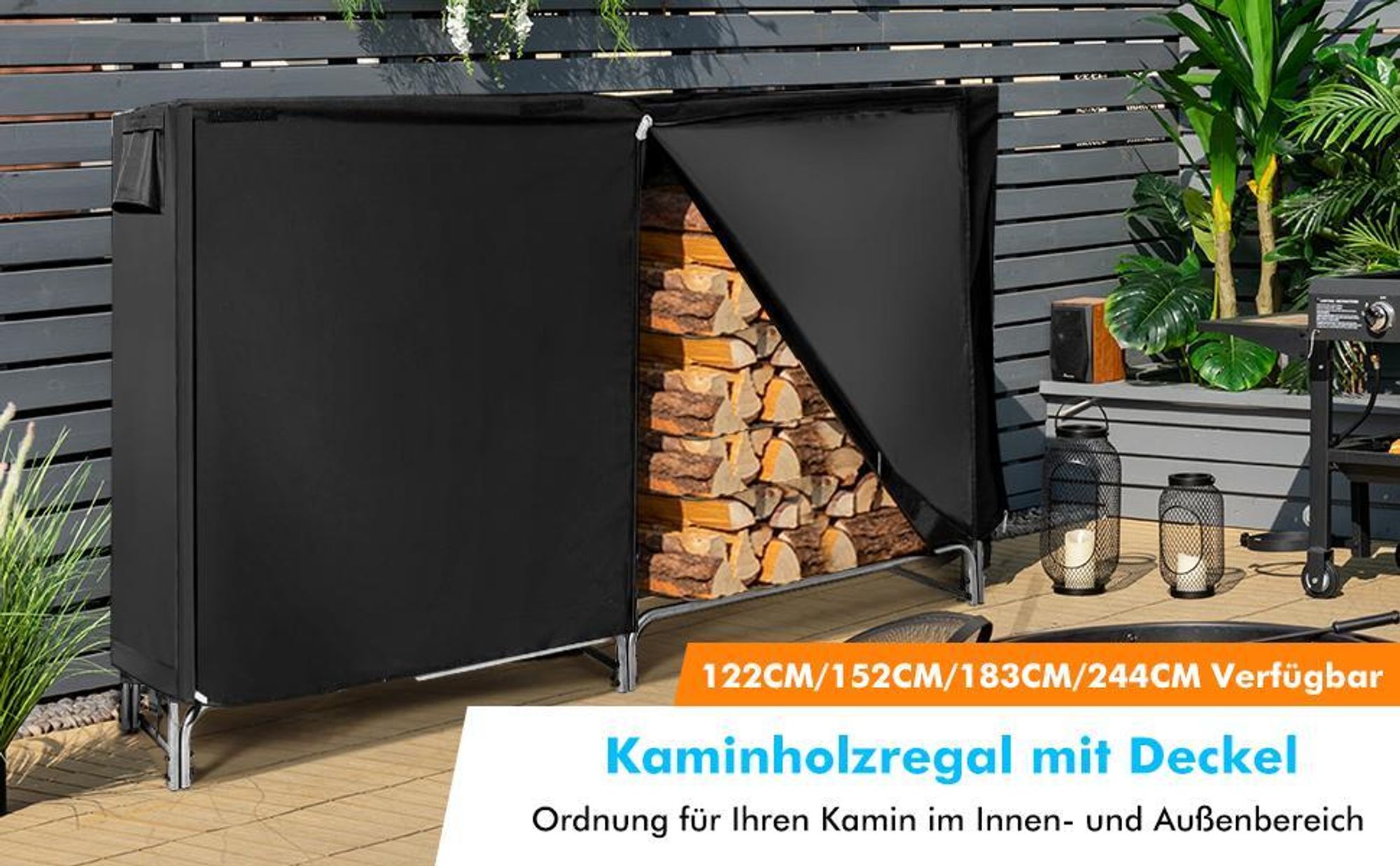 COSTWAY Kaminholzregal Metall, Brennholzregal mit wasserdichter Abdeckung, Kaminholzständer, Feuerholzregal 240 x 35,5 x 122,5 cm