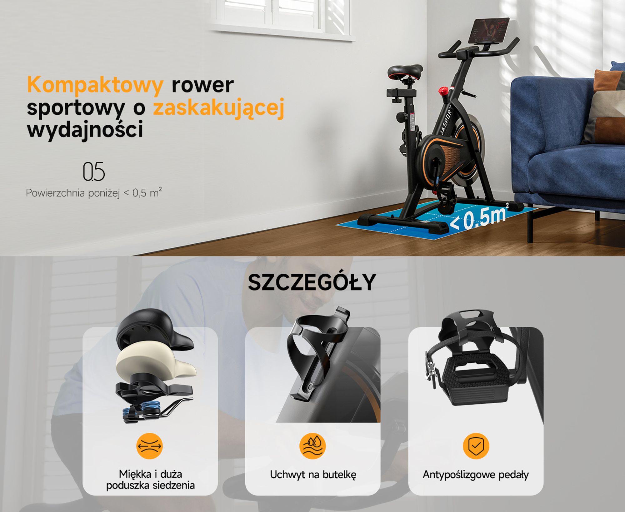 JASPORT A3 ergometr – cichy rower stacjonarny do treningu wytrzymałościowego z uchwytem na tablet i wygodnym siedziskiem