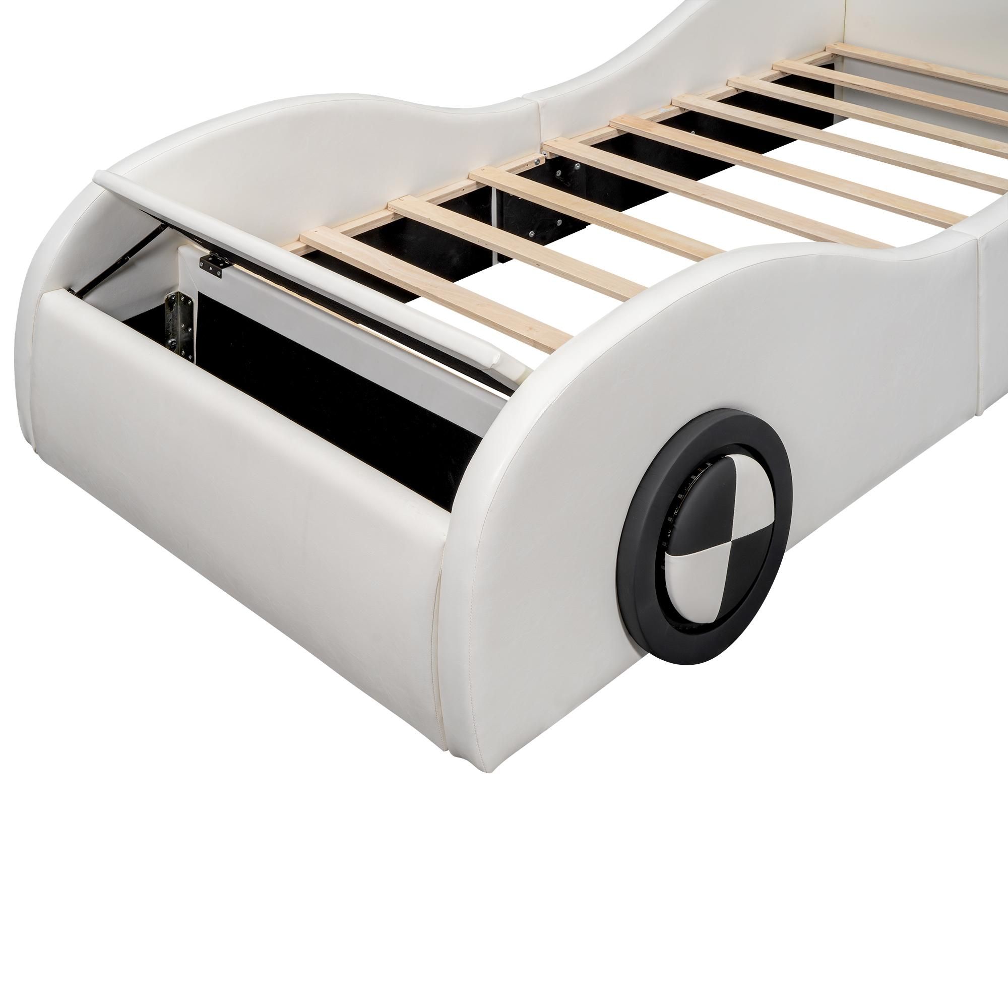 Merax Kinderbetten 90x200cm, Autobett mit LED Rädern, Stauraum, Lattenrost, Jugendbett, Einzelbett, Polsterbett, PU, Weiß