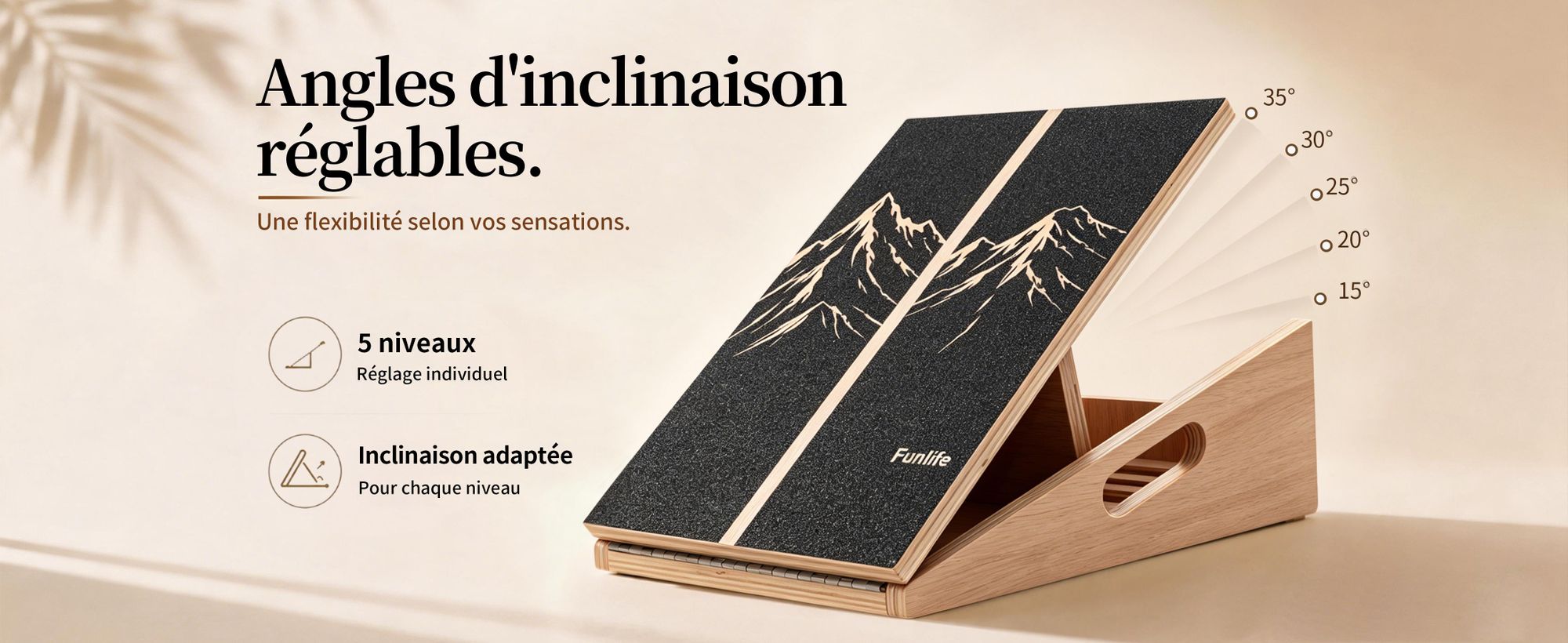 FunLife, planche inclinée en bois de la série Alpine, avec 5 niveaux de réglage (15°–35°) pour renforcer les mollets, antidérapante, idéale pour les mollets, le tendon d'Achille, le yoga et le fitness