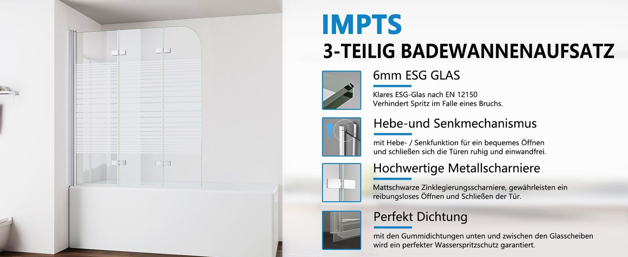 IMPTS Duschwand für Badewanne 130x140cm 3-teilig Faltwand Badewannenaufsatz Faltbar Duschabtrennung 6mm ESG GLAS Badwannenfaltwand Chrom, Gestreift