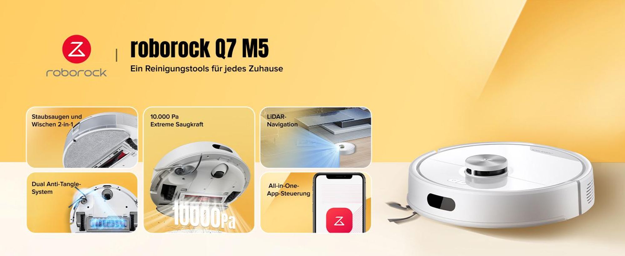 Roborock Q7 M5 Saugroboter mit Wischfunktion, 10.000Pa(Upgrade von Q5 PRO), Dual Anti-Tangle-System, Staubsauger Roboter für Teppich, Tierhaare (Weiß)