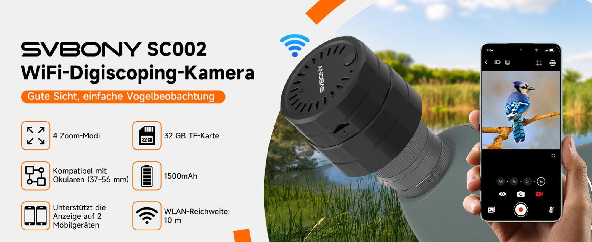 Svbony SC002 Spektiv Kamera, WIFI Elektronische Okularkamera, 2MP 1080P, 32GB TF-Karte, 10m Übertragung, 4 Zoom-Effekte, 37-56mm, für Fotografi