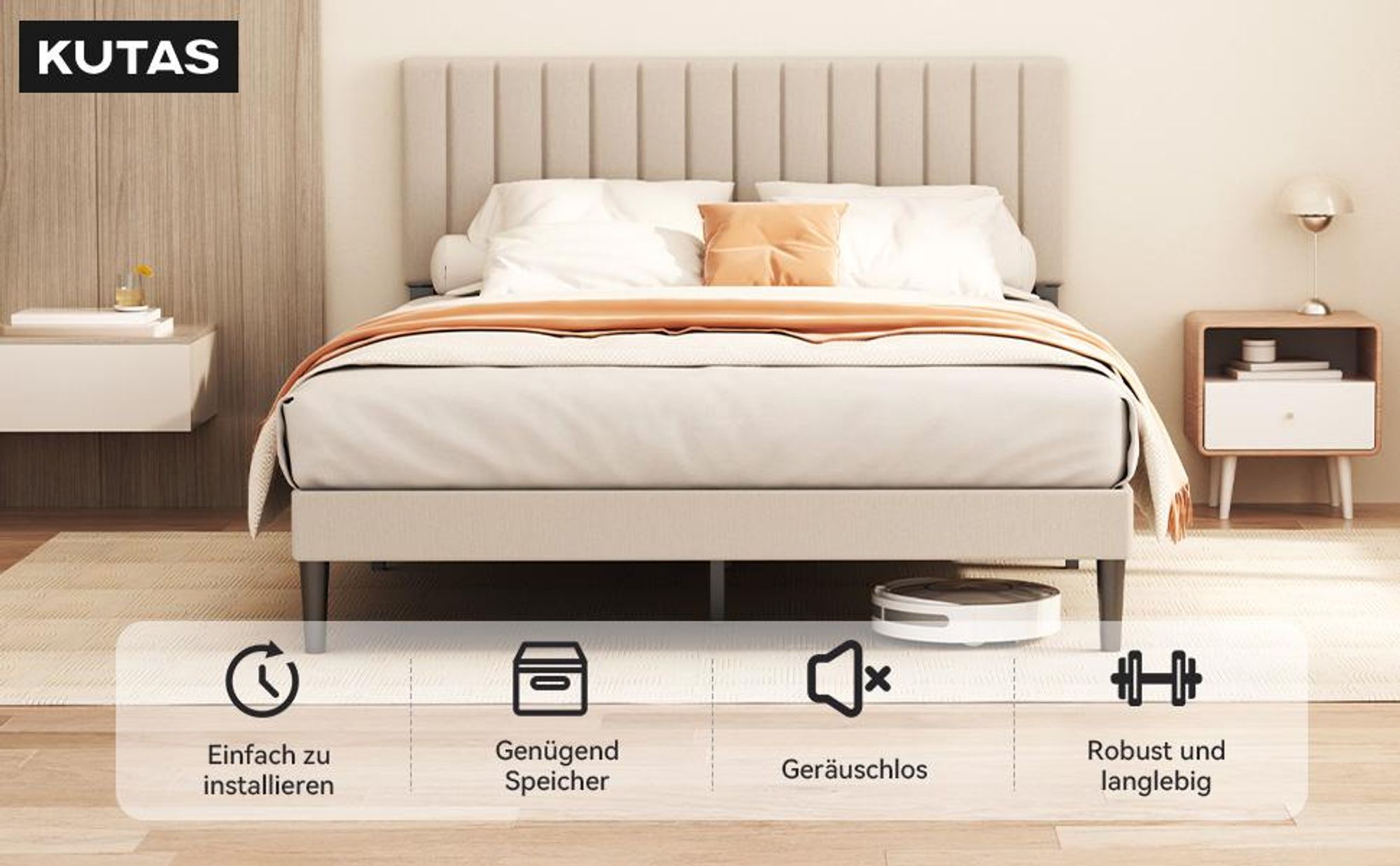 140x190 cm Polsterbett mit verstellbarem Kopfteil, Bett mit 12 Lattenrost, robustes Bettgestell für Schlafzimmer Jugendzimmer, bis 480 kg, Grauweiß