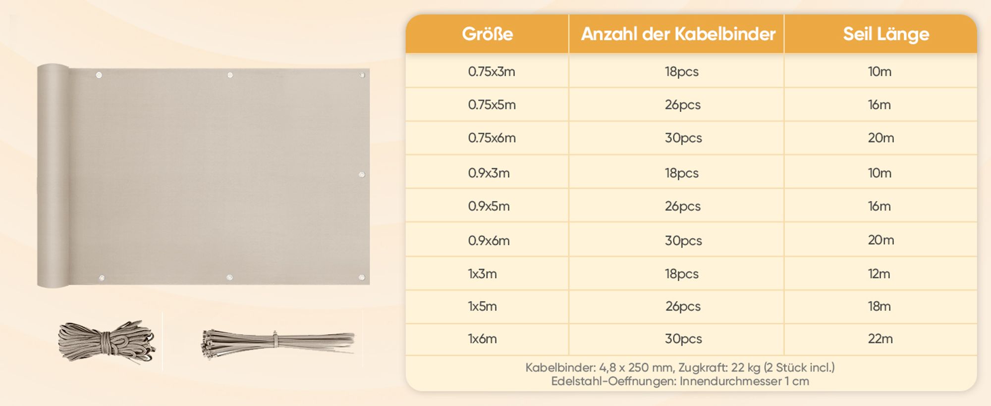 Sunula Balkon Sichtschutz PES Balkonverkleidung Blickdicht, Taupe, 90x500 cm